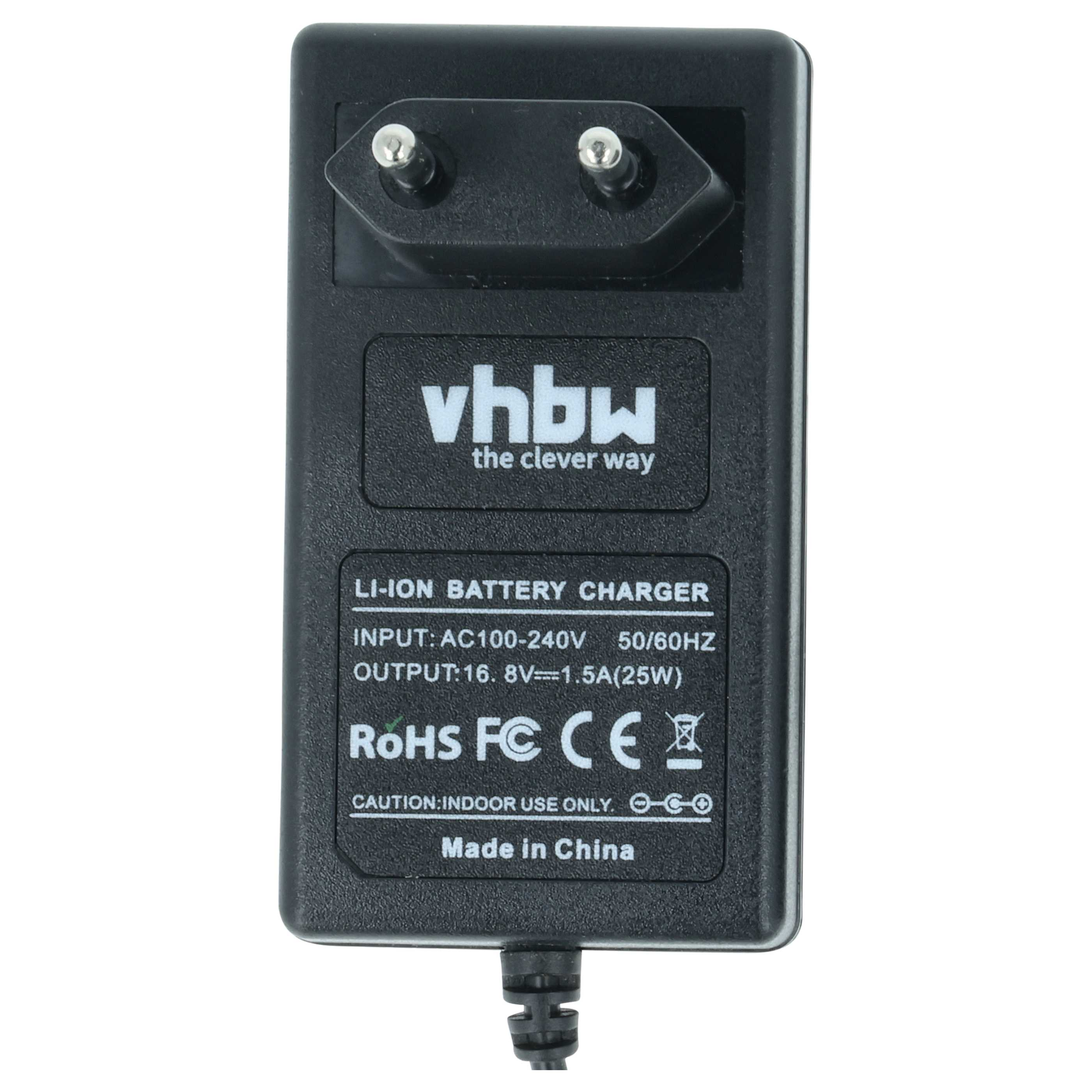 Schwarzes Li-Ionen Ladegerät mit Eurostecker und technischen Daten.