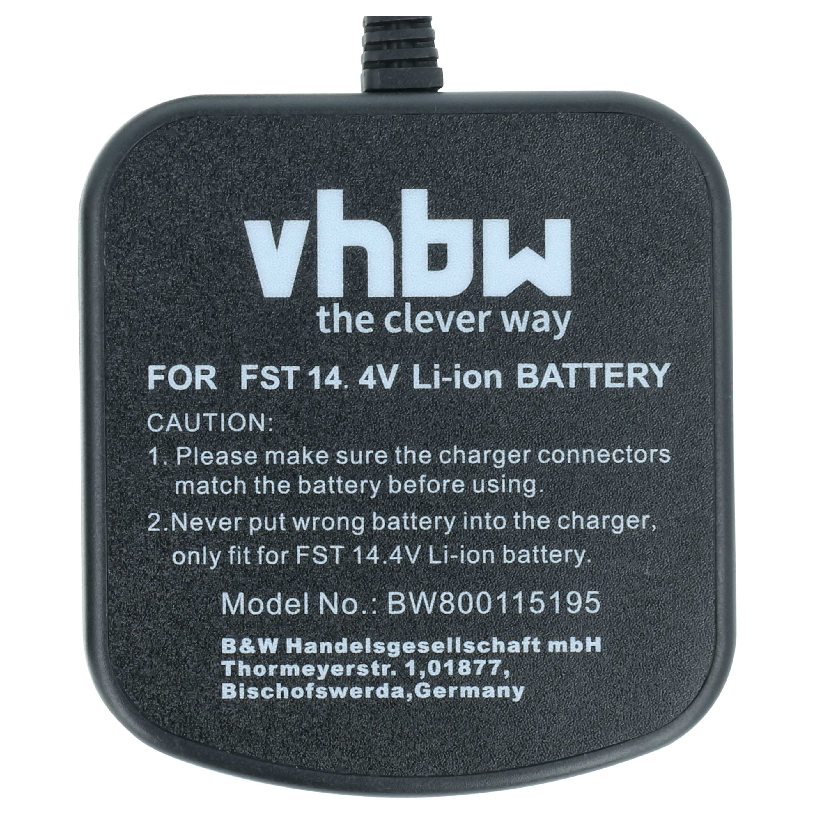 Schwarzes Ladegerät mit weißer Schrift: vhbw, für FST 14.4V Li-ion Akku.