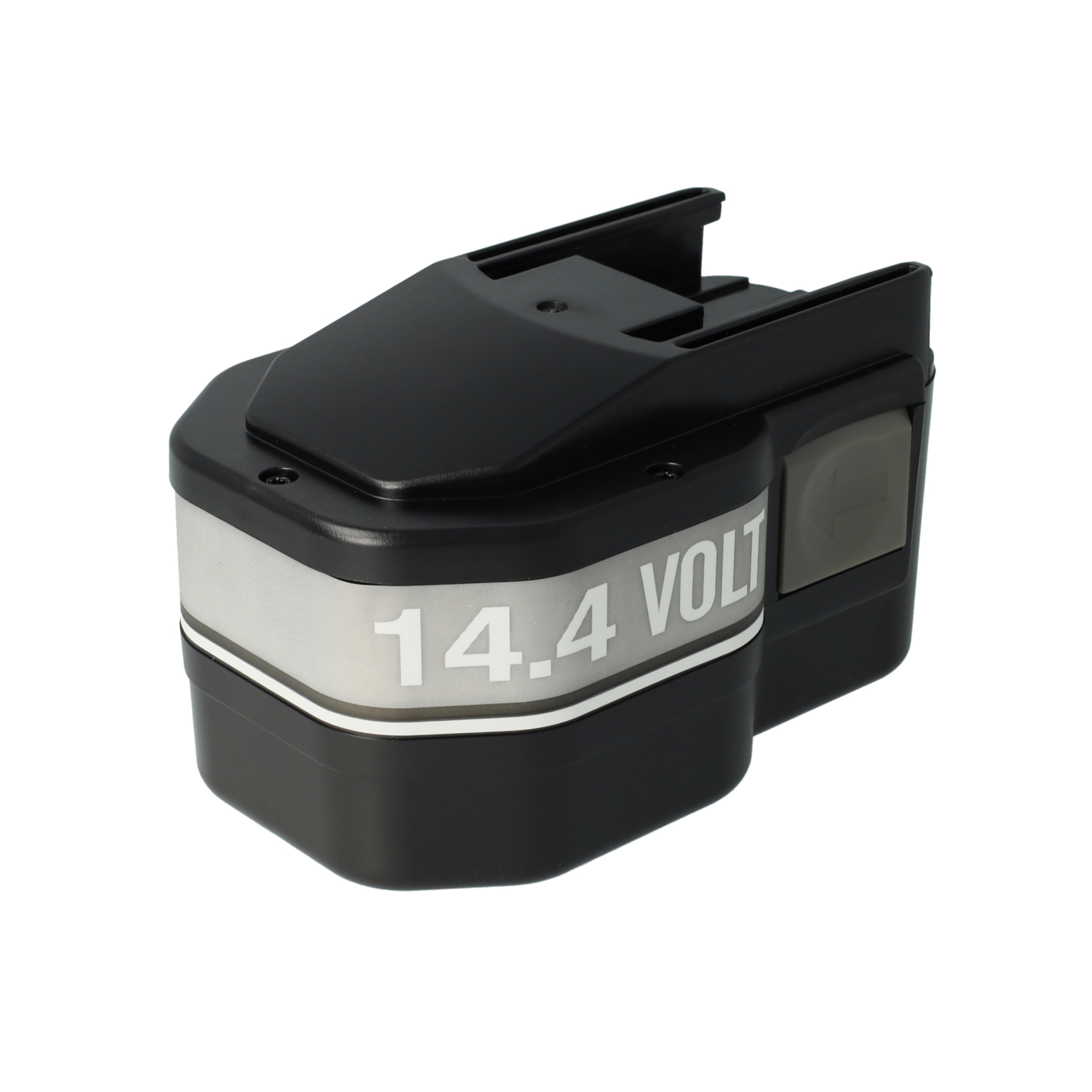 Schwarzer 14,4-Volt-Akku mit silbernem Streifen und Beschriftung.
