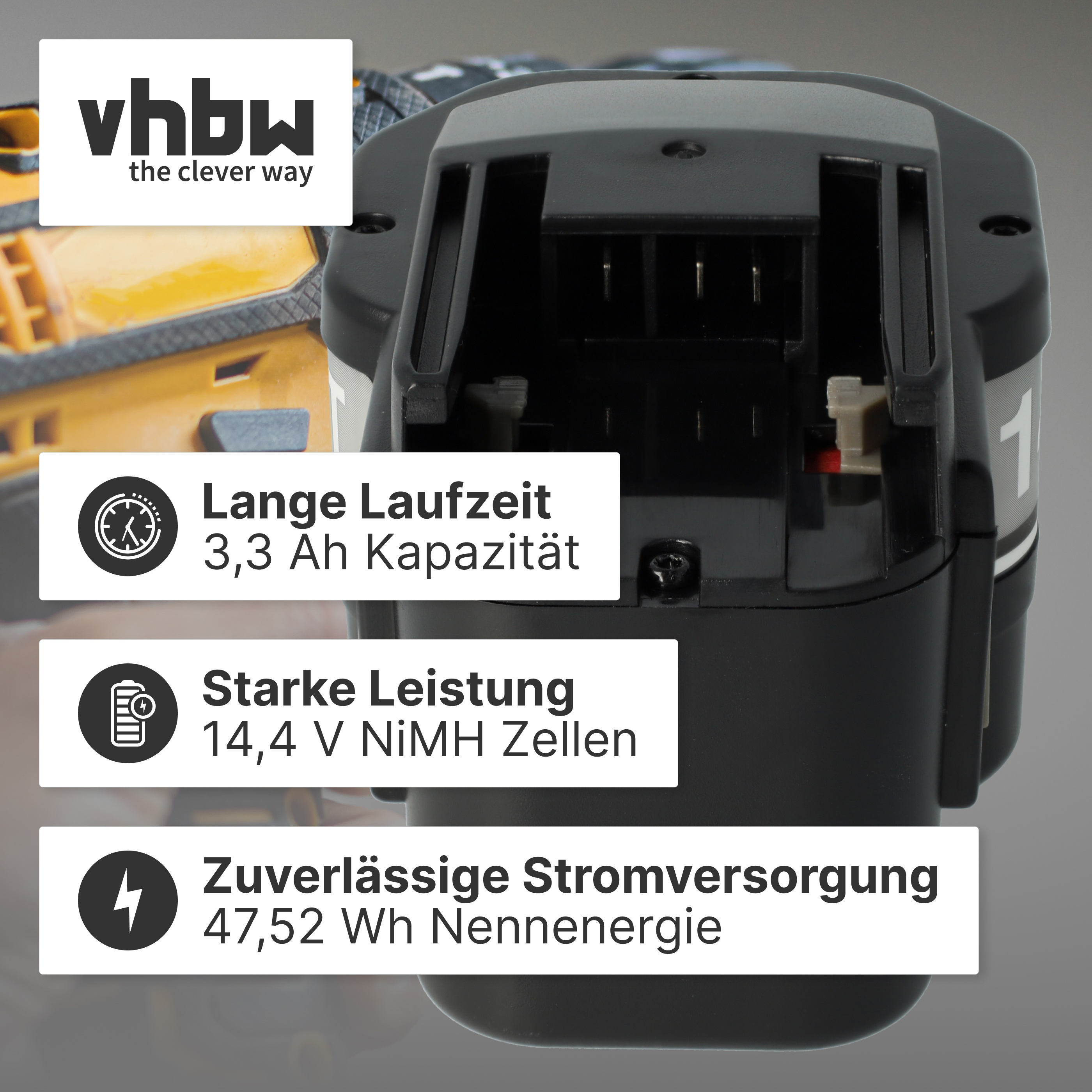 Schwarzer Akku mit Vhbw Logo. Infos: Laufzeit, Leistung, Energie.