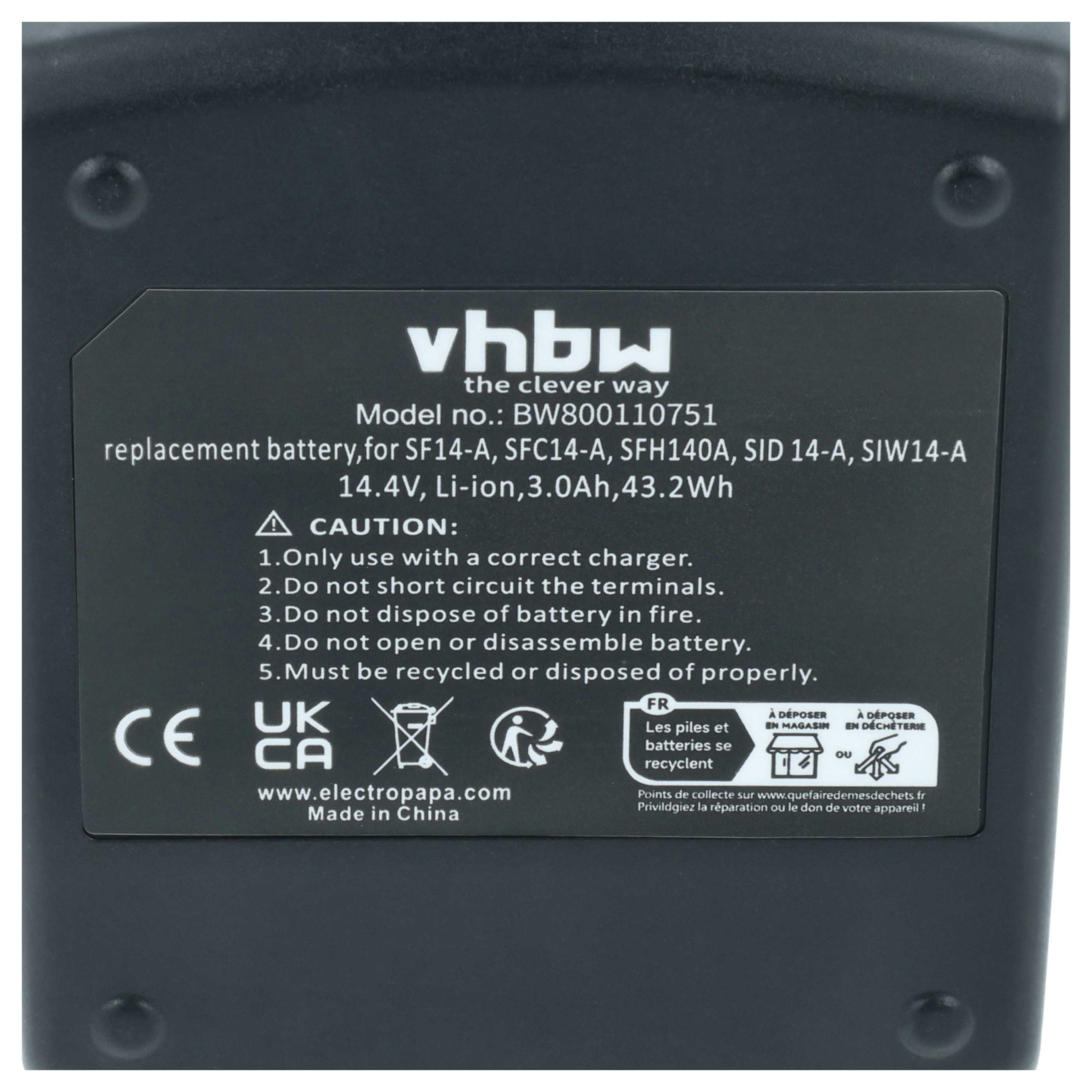 Etikett einer vhbw Ersatzbatterie: Modell BW800110751, 14,4V Li-Ion.