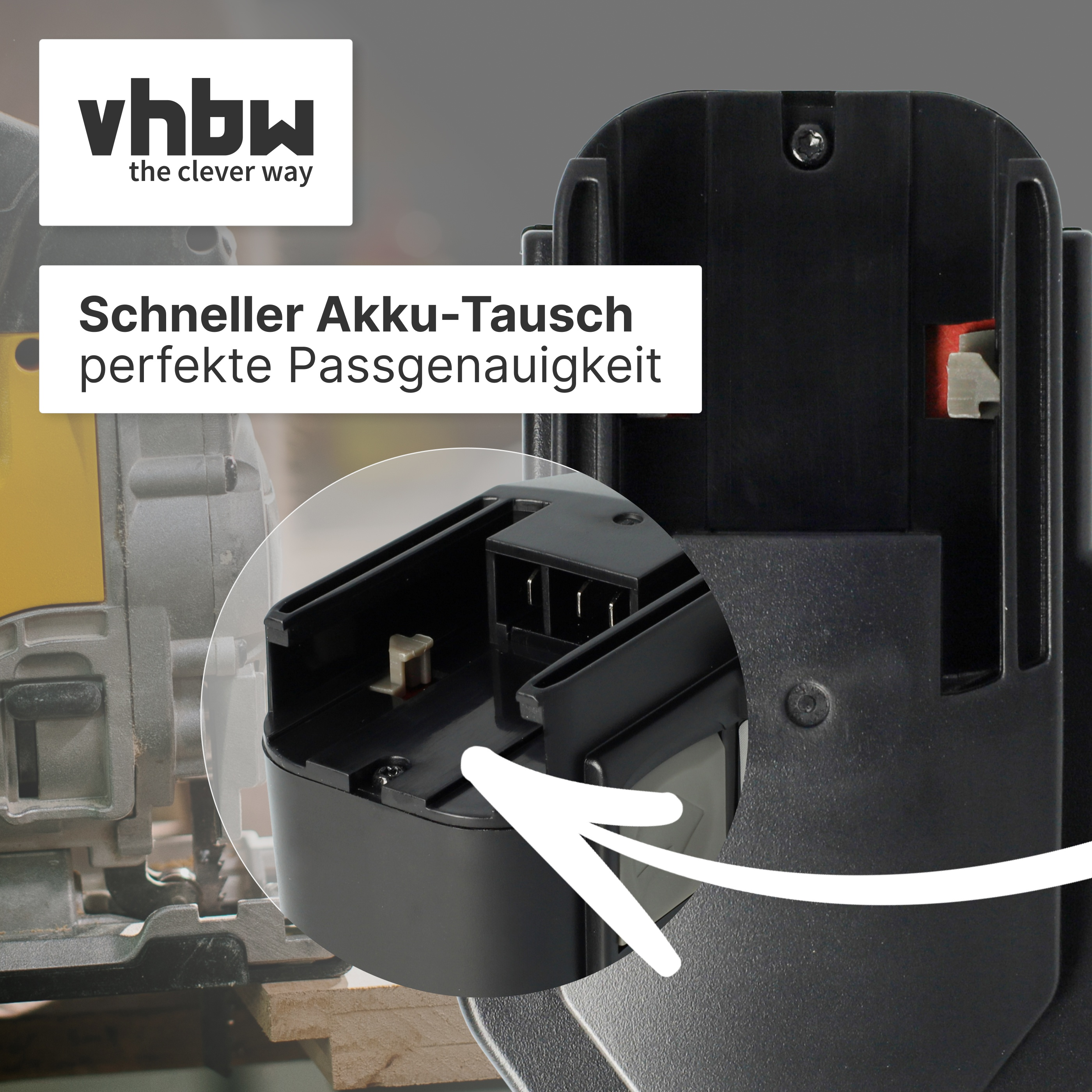 Nahaufnahme einer Werkzeugbatterie und eines Werkzeugs mit Text über schnellen Akkutausch.