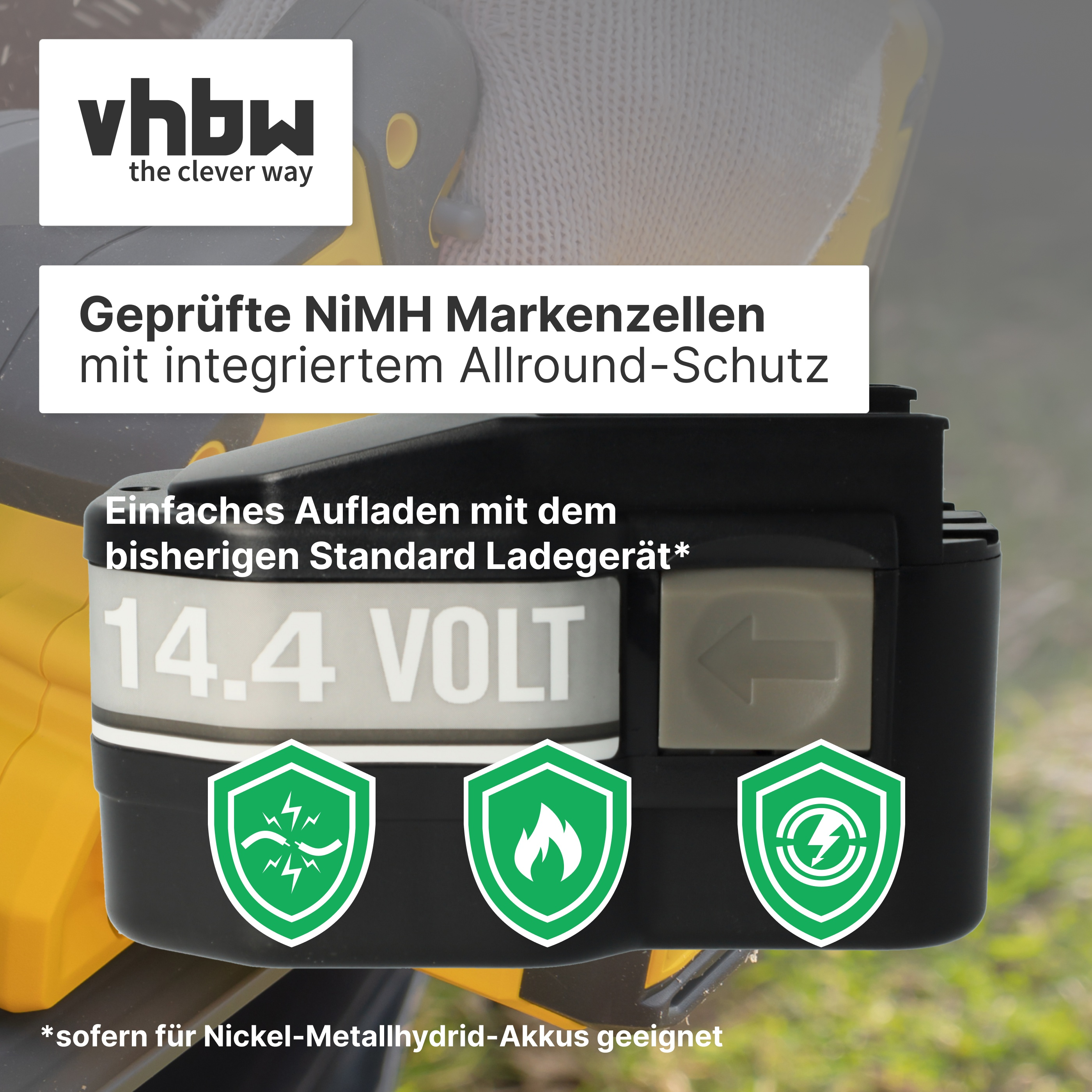 Schwarzer 14.4V Akku mit vhbw Logo und drei grünen Schutz-Symbolen.
