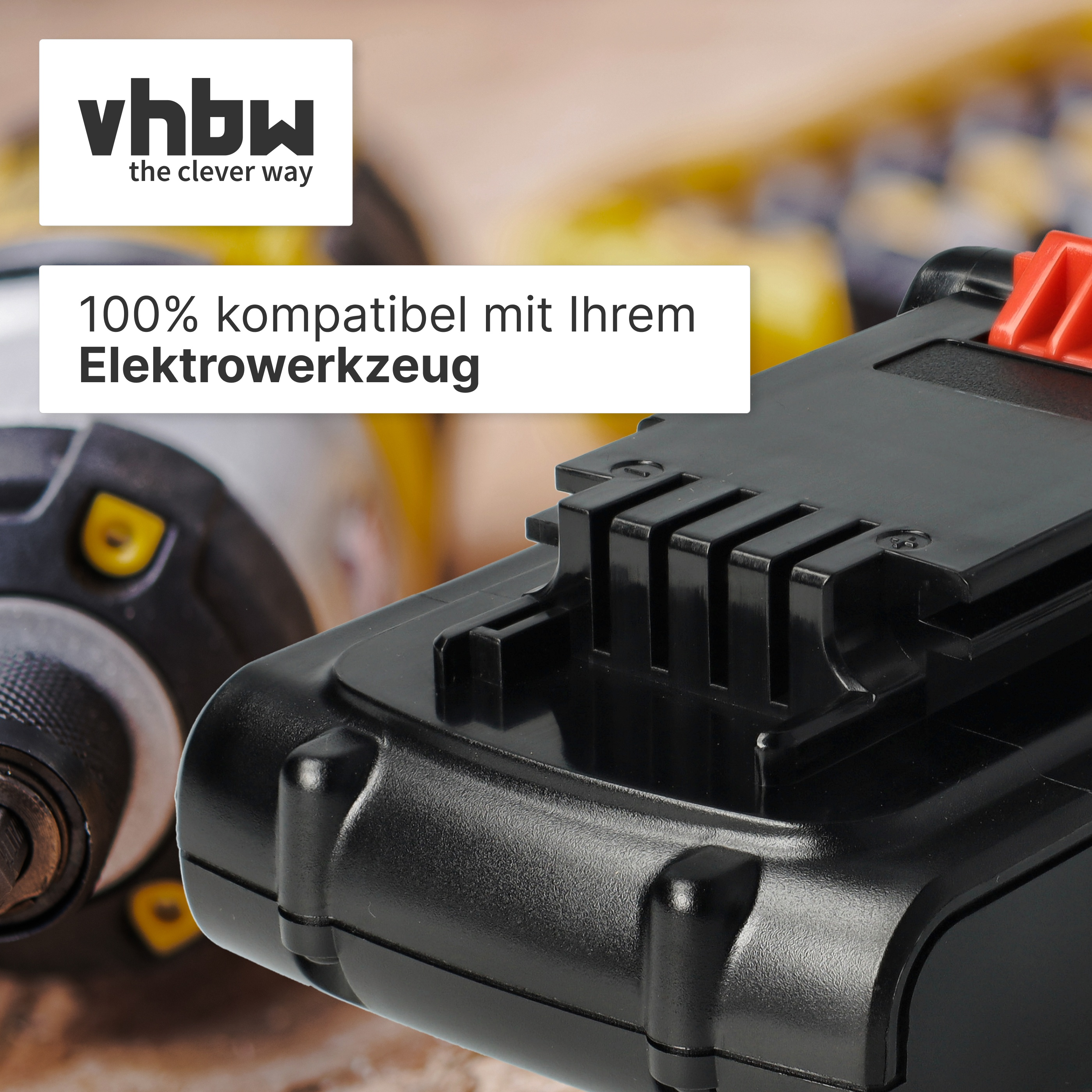 Schwarzer Akku mit rotem Hebel, neben einem Werkzeug. Vhbw Logo.