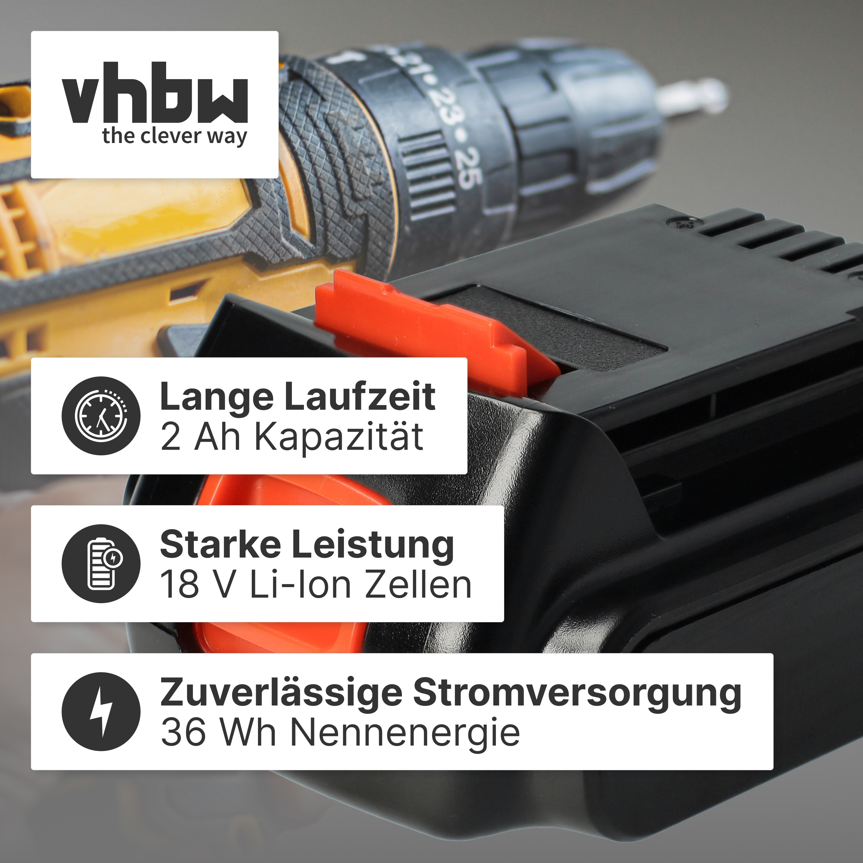 Ein Akkuschrauber-Akku mit 2 Ah Kapazität, 18V Li-Ion Zellen und 36 Wh Nennenergie.