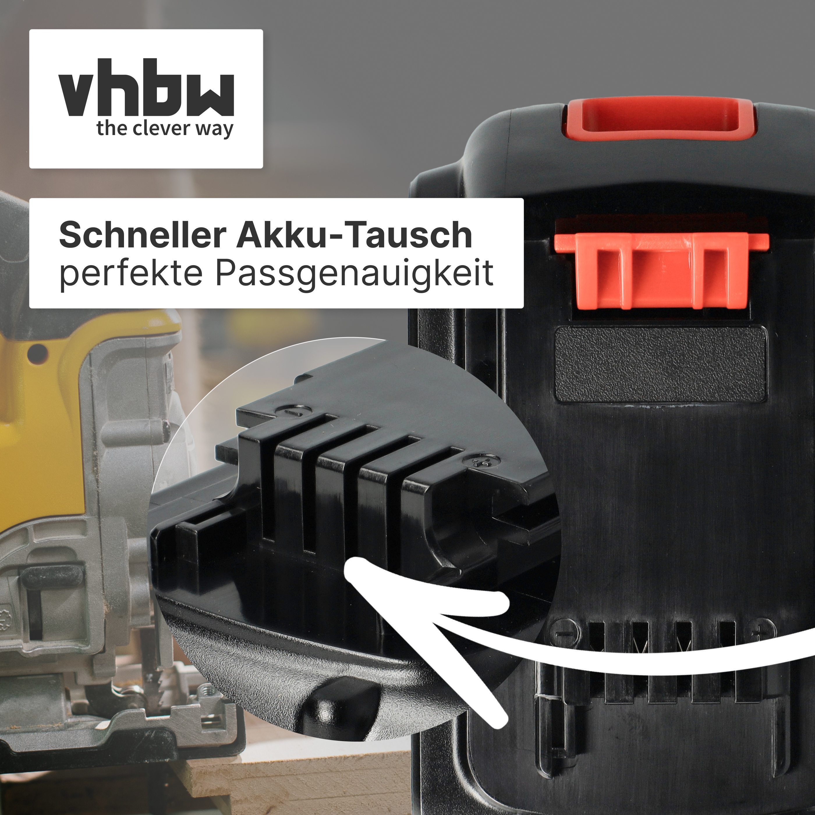 Nahaufnahme eines schwarzen Akkus mit roten Entriegelungshebeln, daneben ein gelbes Werkzeug.