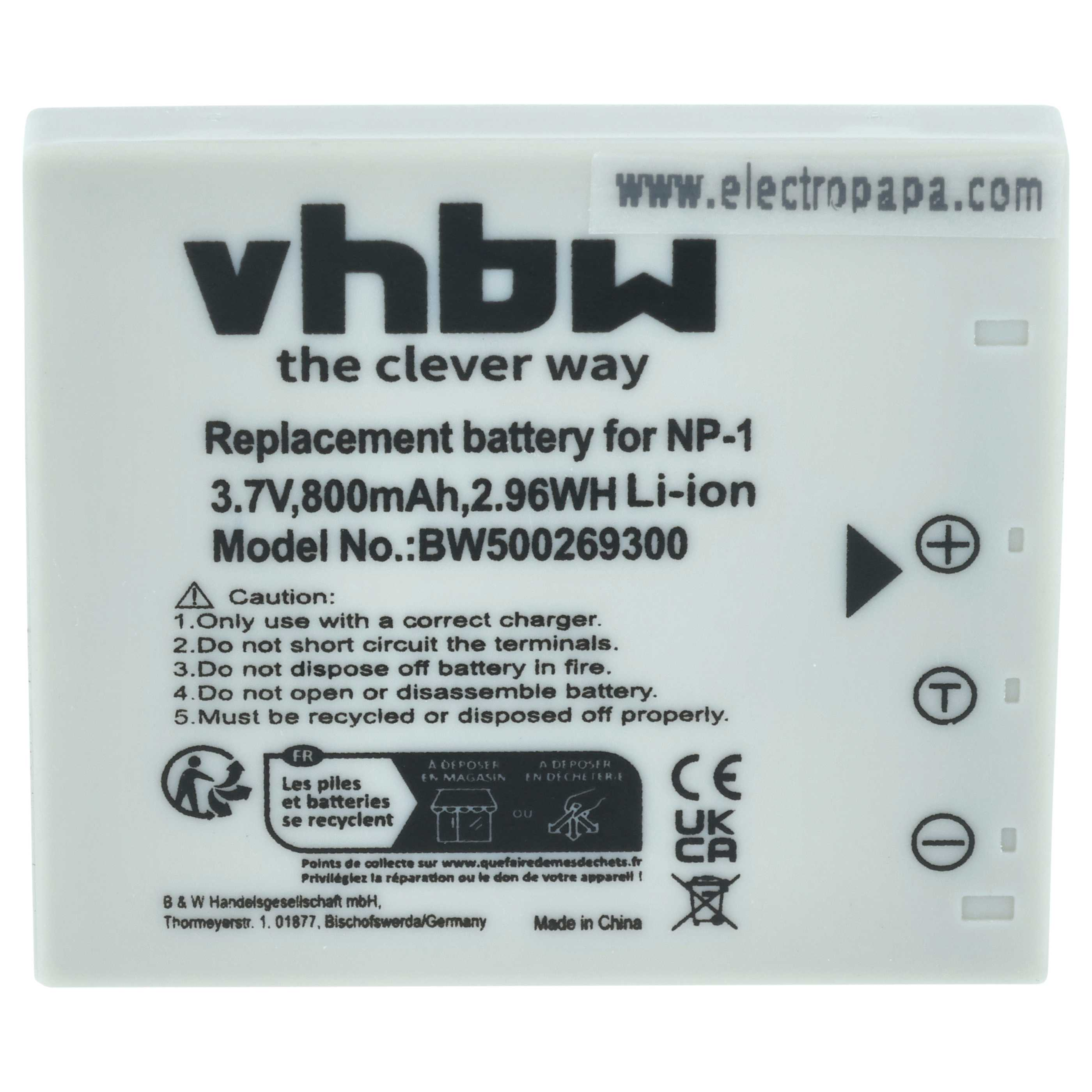 Weiße Batterie mit schwarzer Schrift, Modell NP-1, 3.7V, 800mAh.