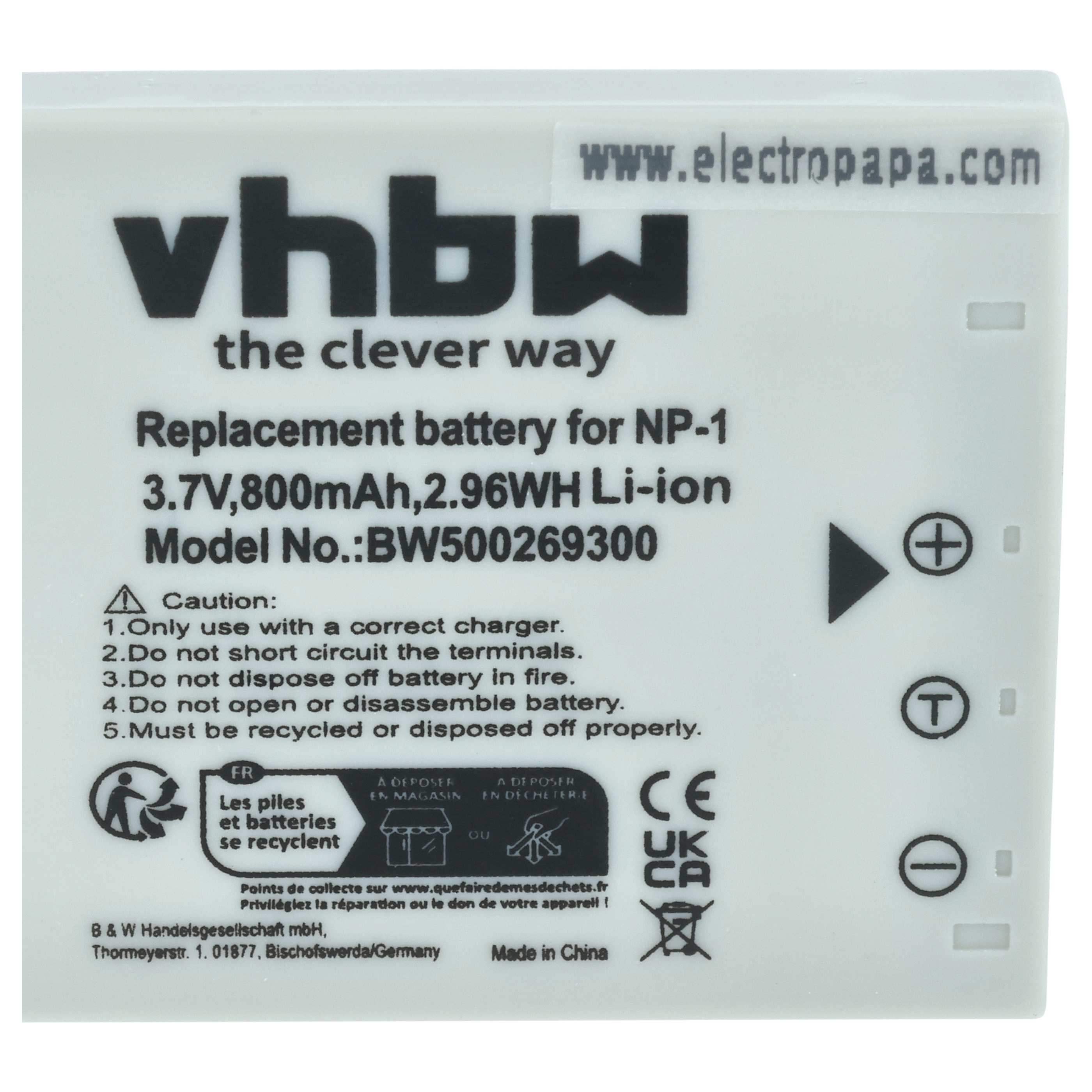 vhbw Ersatzakku für NP-1, 3.7V, 800mAh. Mit Warnhinweisen und Recycling-Symbolen.