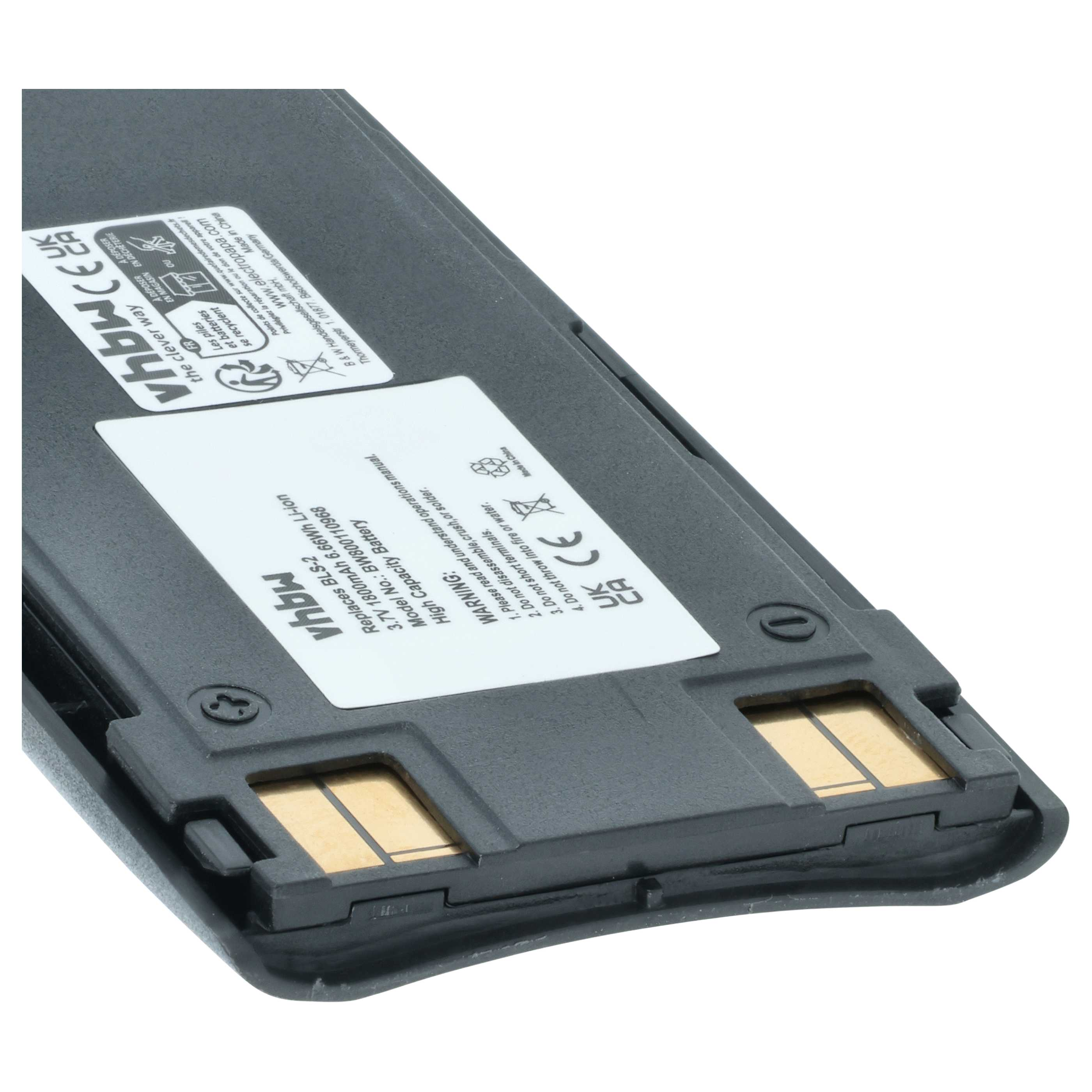 Pacco batteria nero con contatti dorati ed etichetta di avvertenza.