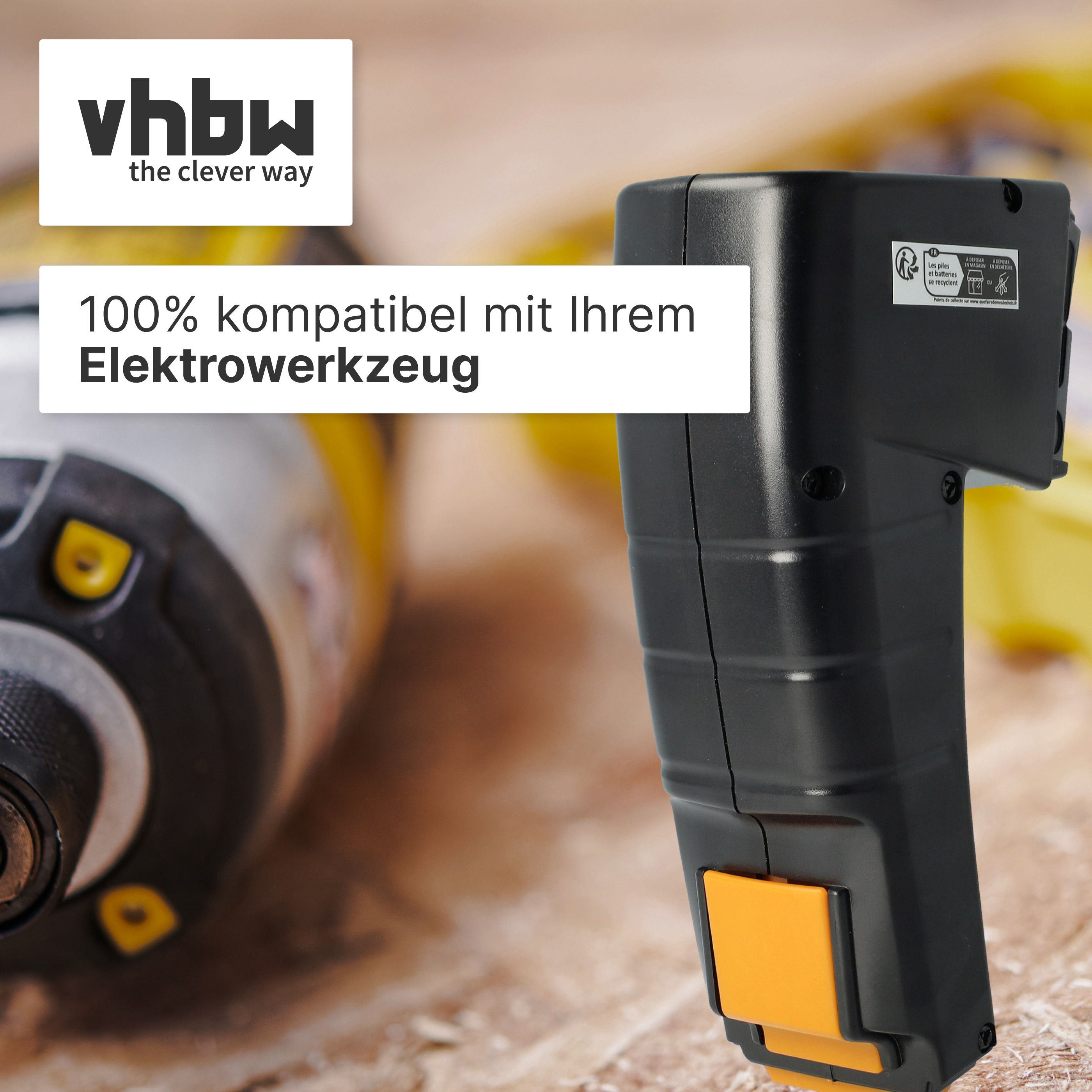 Ein schwarzes Elektrowerkzeug mit gelben Akzenten neben einem Werkzeug.