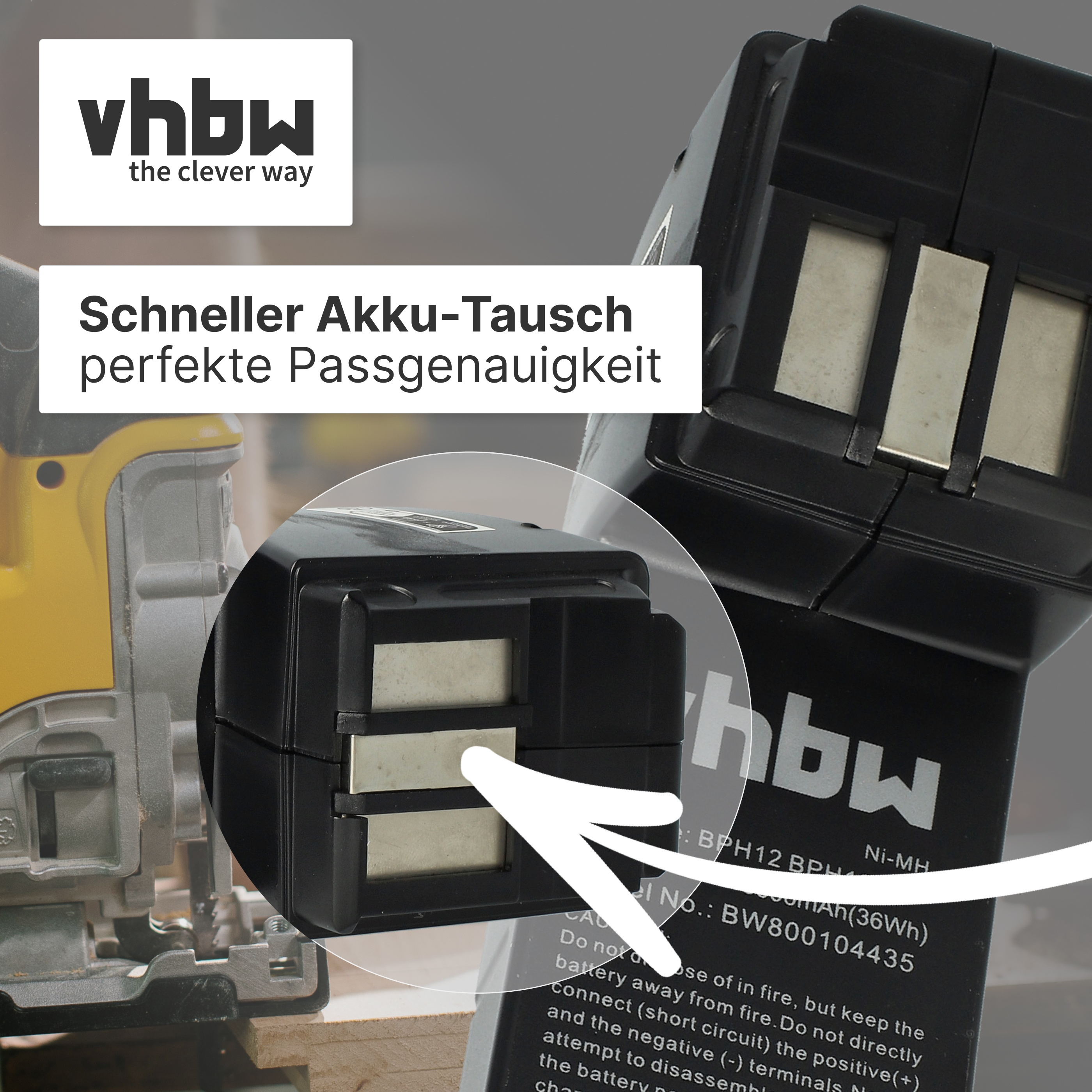 Ein gelber Werkzeugteil und ein schwarzer Akku mit Metallkontakten.