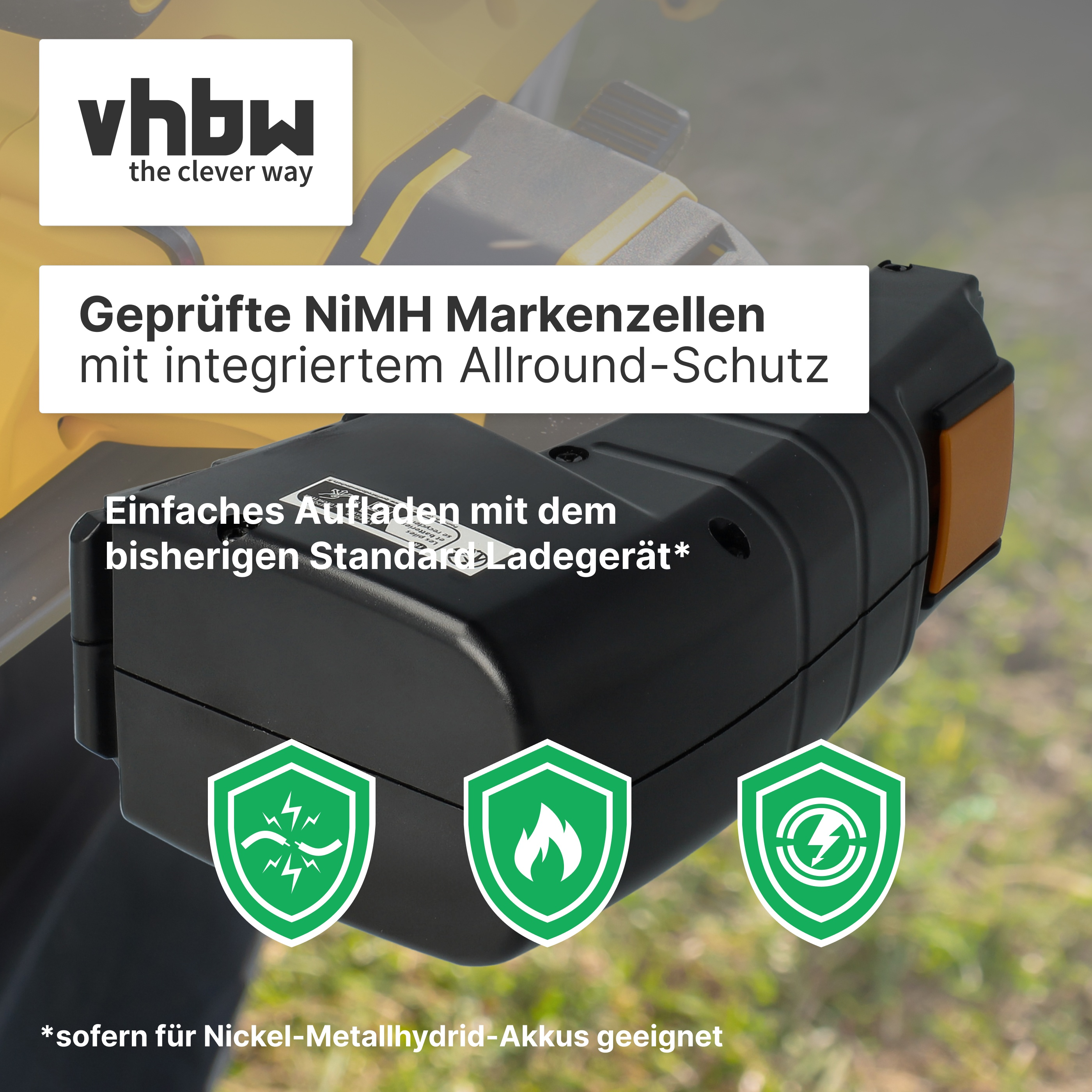 Gelber Akku mit drei grünen Schutzsymbolen und Text auf Deutsch.