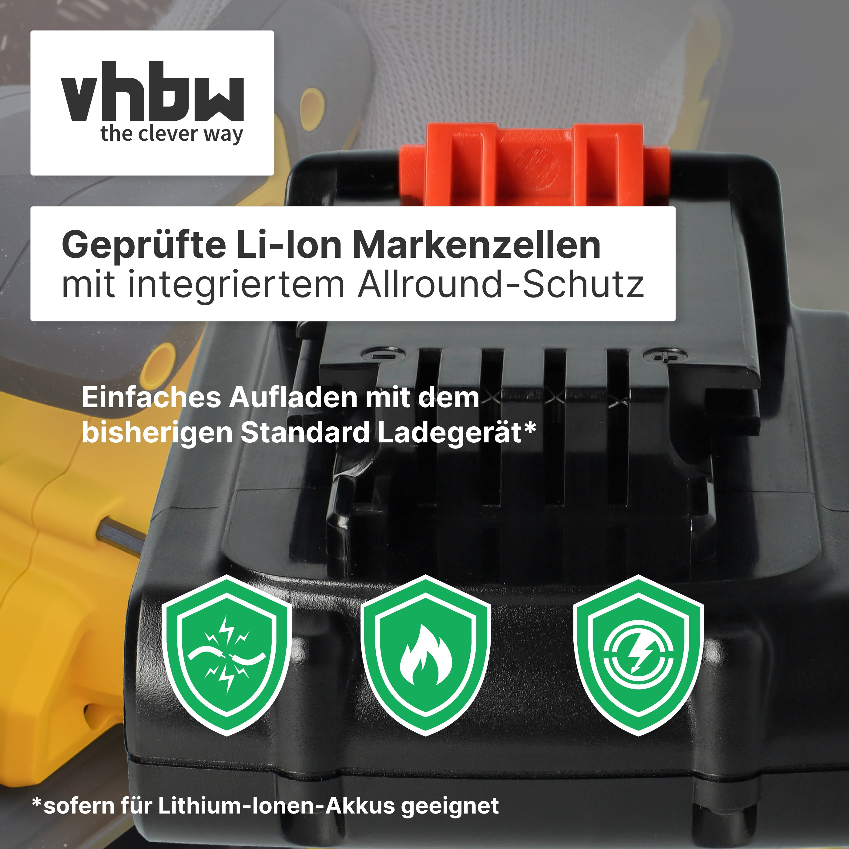 Schwarzer Akku mit drei grünen Schutz-Symbolen und Text.