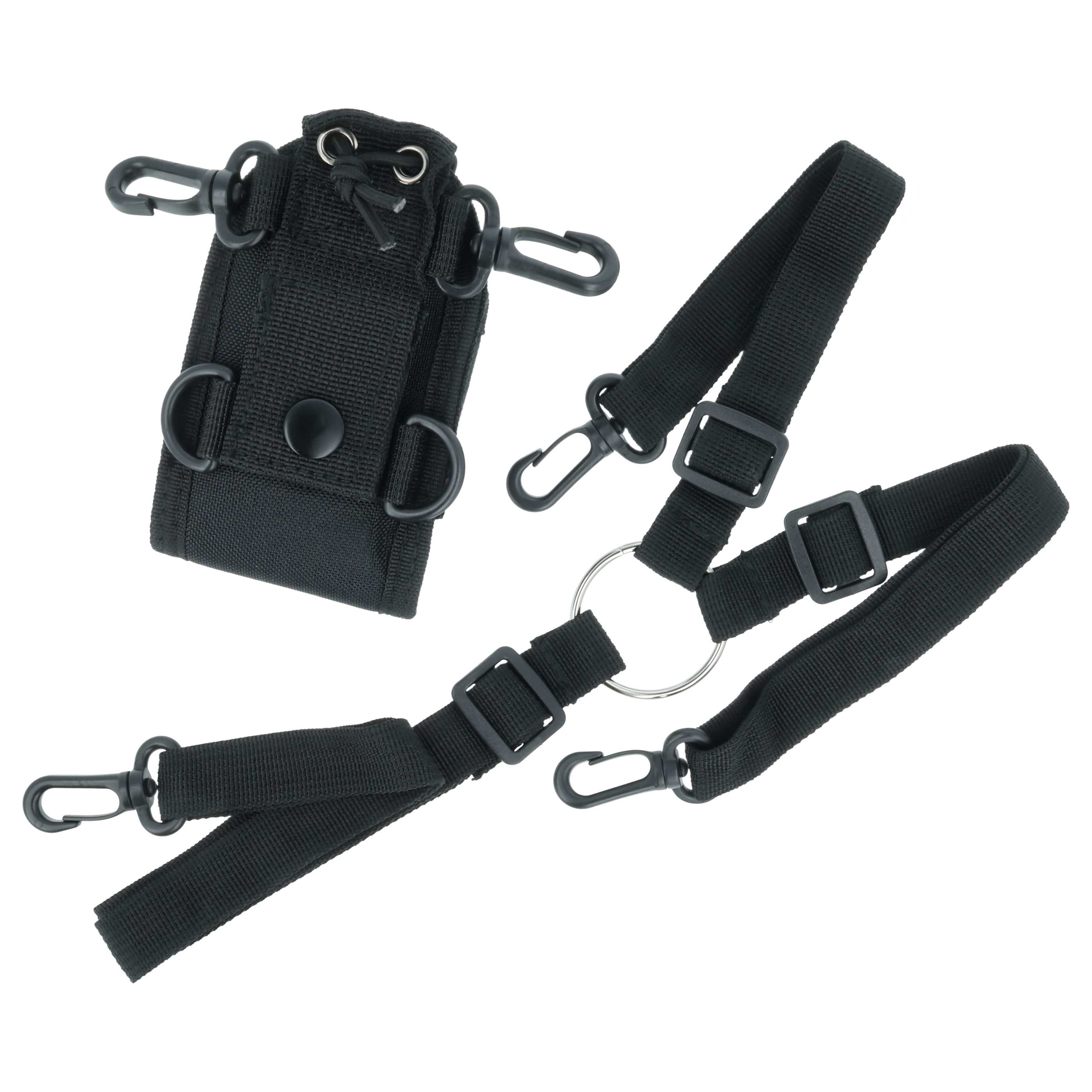 Schwarze Nylon-Tasche mit Schnallen und Clips, sowie ein Gurt mit Metallring.