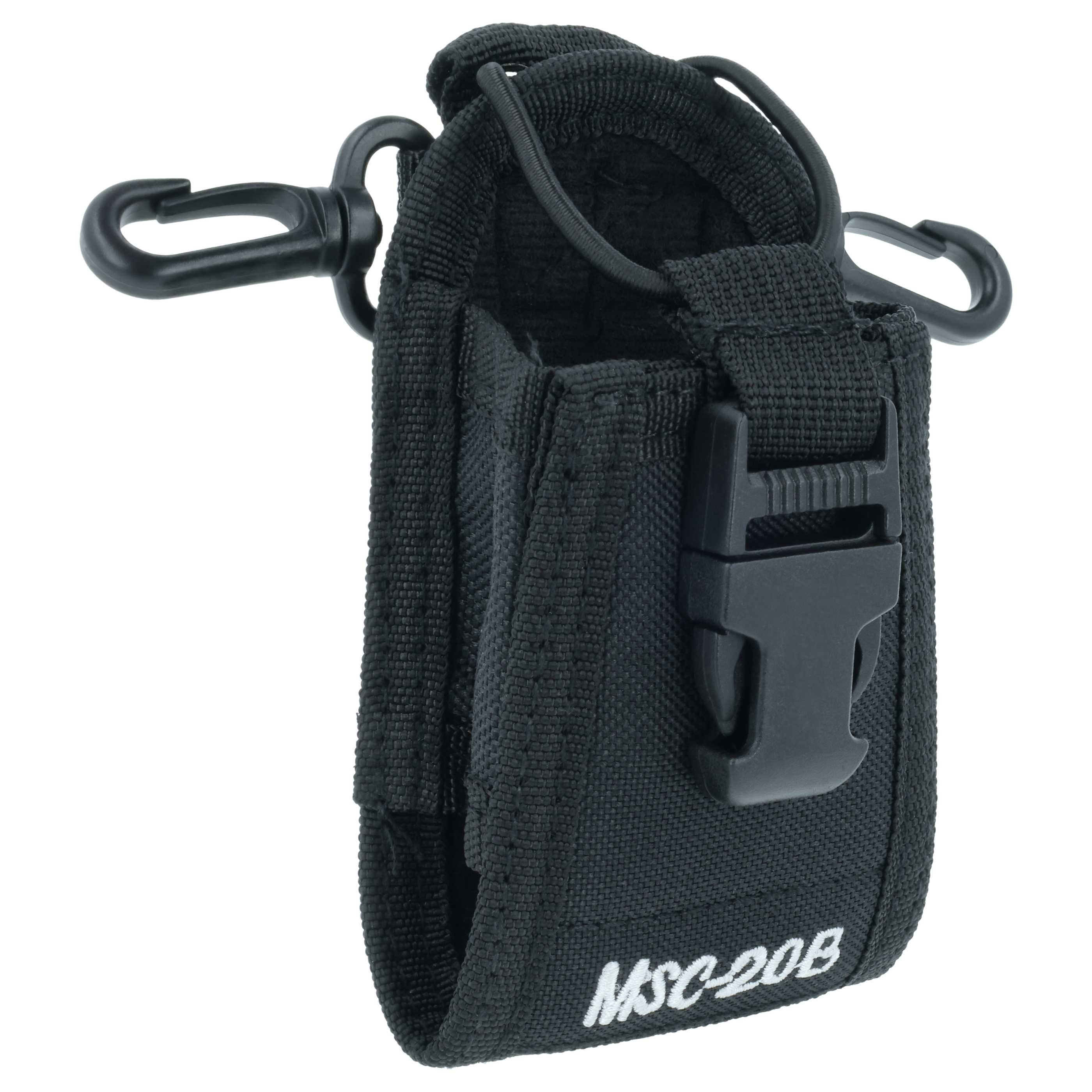 Schwarze Stofftasche mit Schnalle und zwei Karabinerhaken.