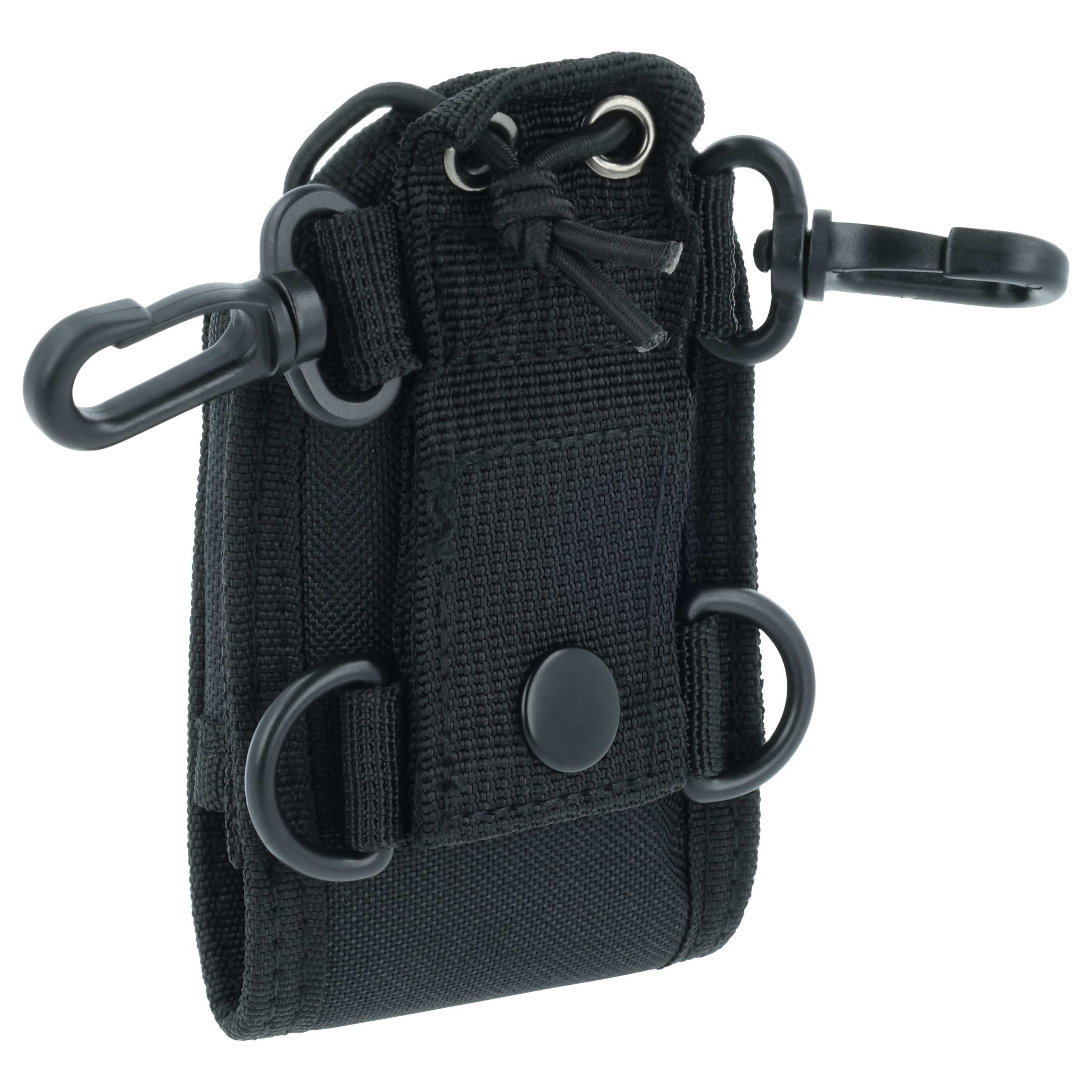 Schwarze Stofftasche mit Druckknopf, Kordelzug und Karabinerhaken.