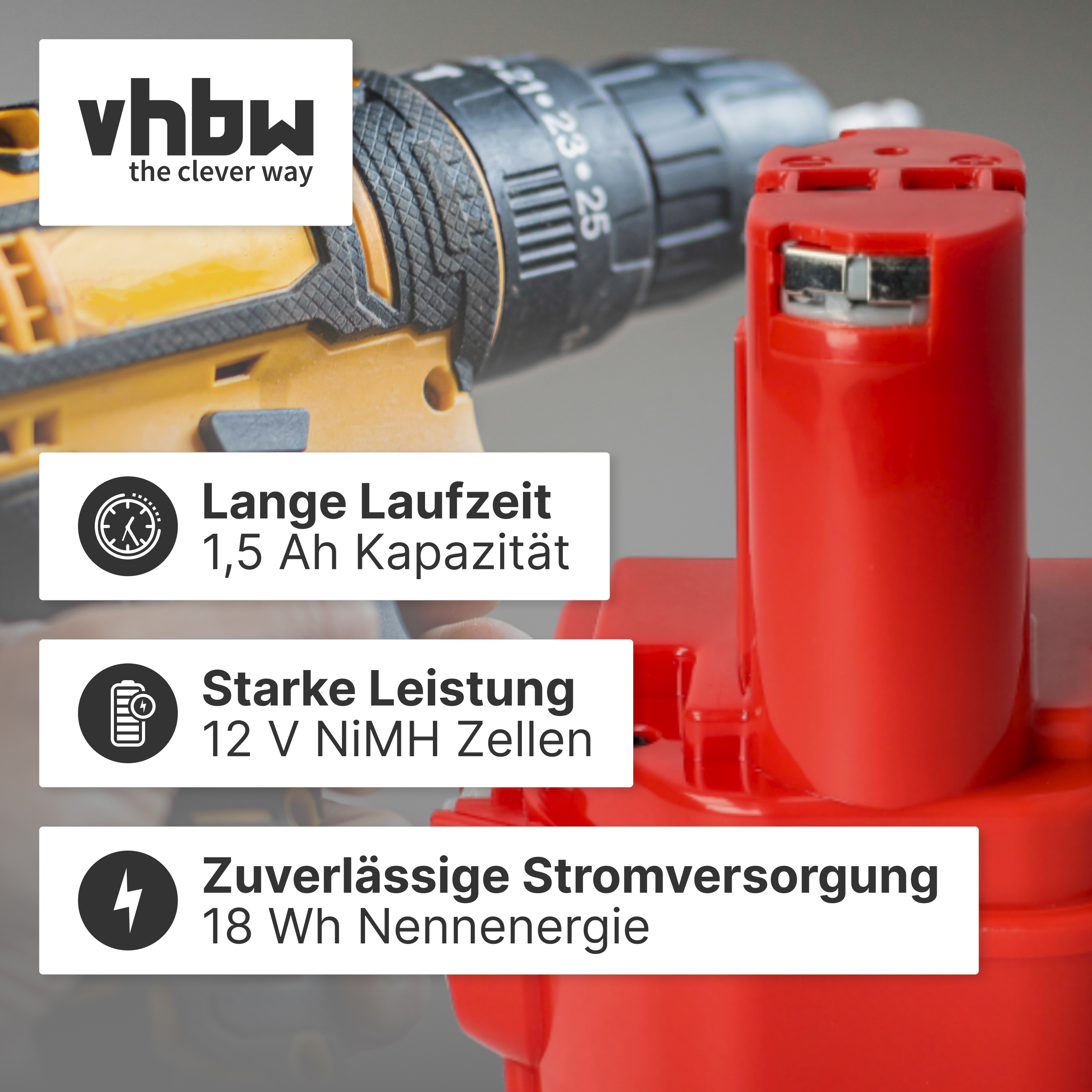 Vbhw Logo auf Bohrmaschine mit Akku. Text: Lange Laufzeit, Starke Leistung, Zuverlässige Stromversorgung.