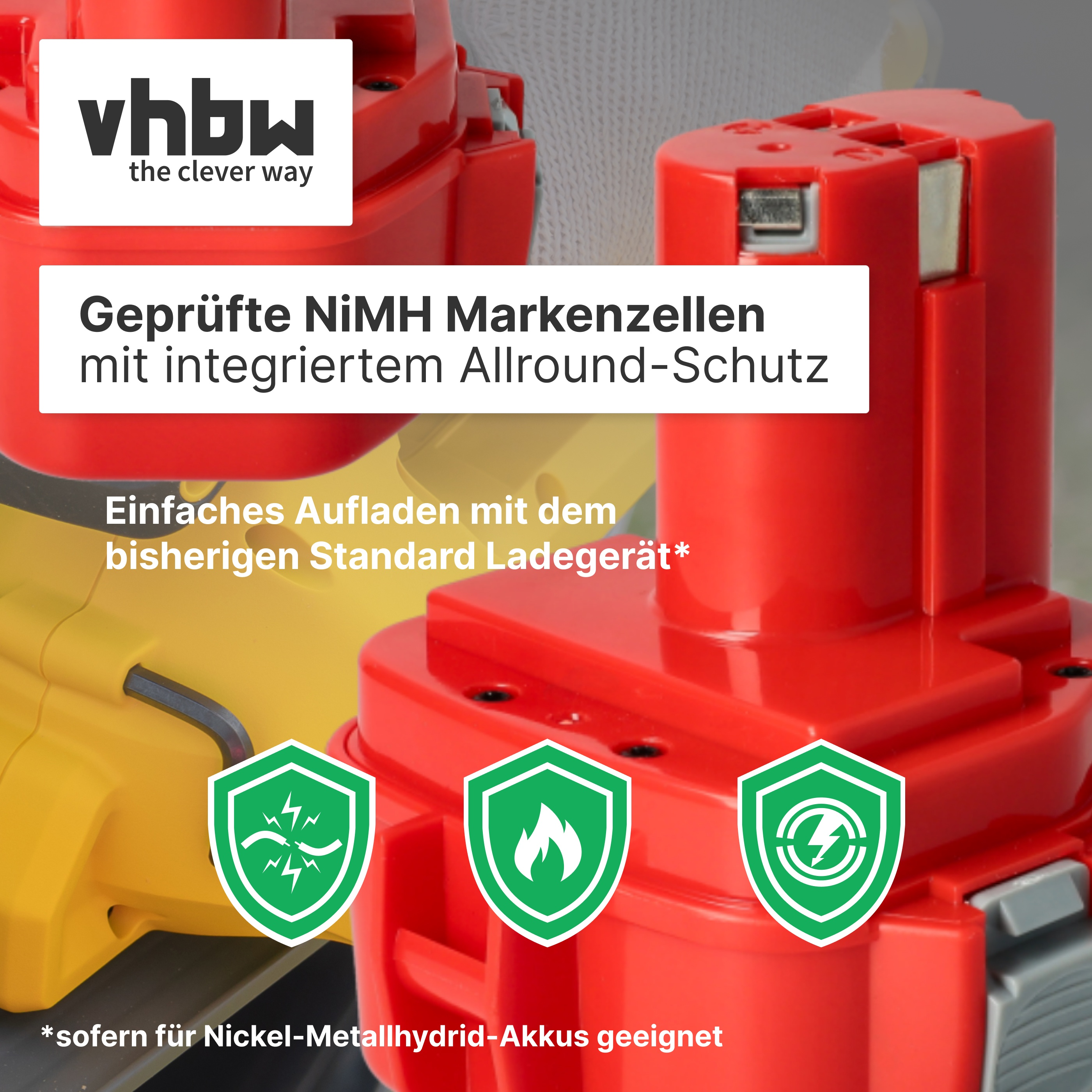 Rote und gelbe Werkzeugakkus mit vhbw Logo und Schutzsymbolen.