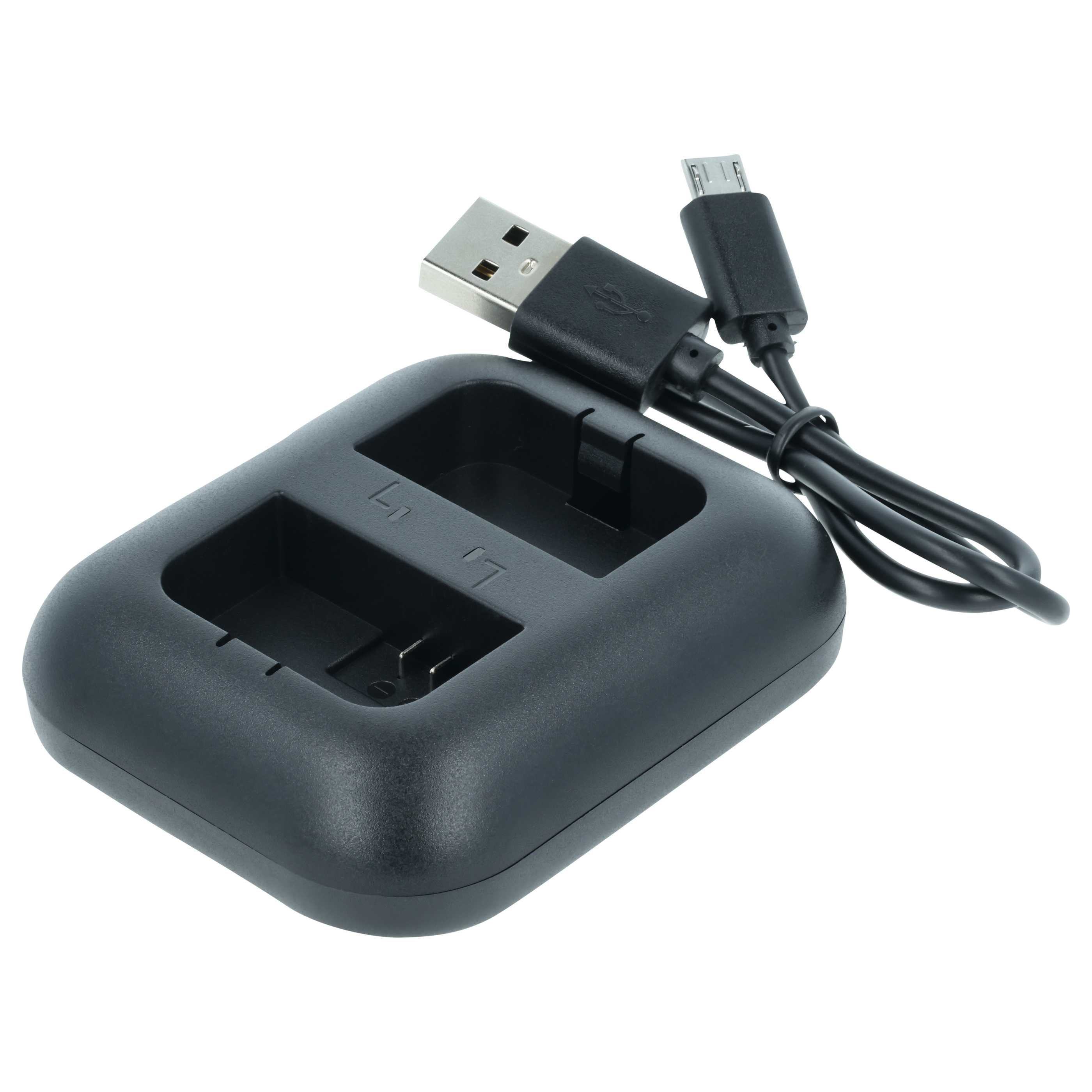 Ein schwarzes Ladegerät mit zwei Steckplätzen und einem USB-Kabel.