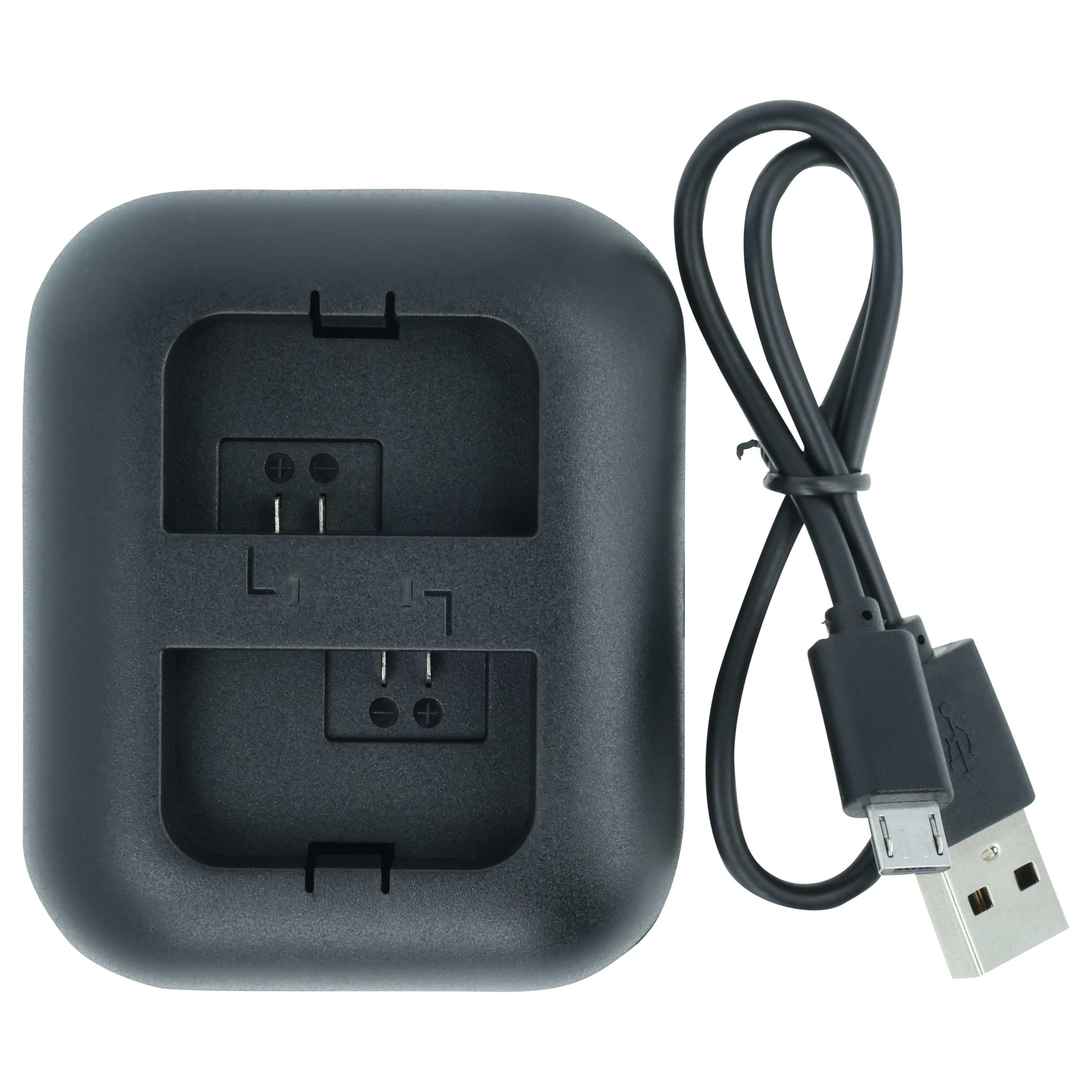 Eine schwarze Akkuladestation mit USB-Kabel und Micro-USB-Anschluss.