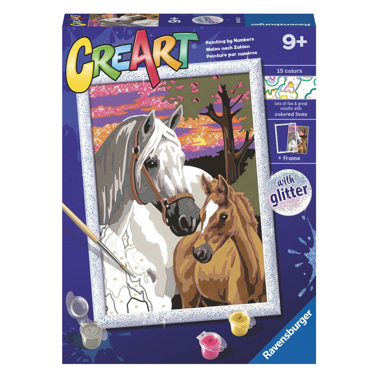 Set di pittura Ravensburger con due cavalli, pennello e colori, con glitter.