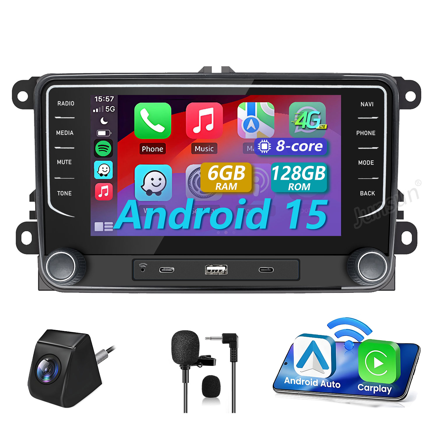 Autoradio con Android 15, 6GB RAM, 128GB ROM, telecamera posteriore, microfono.