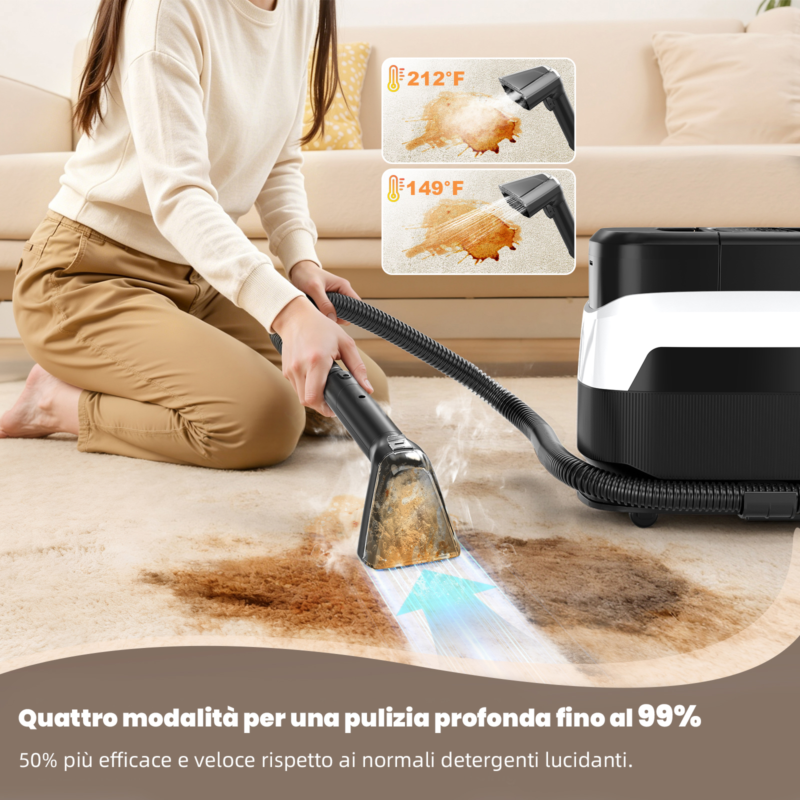 Una persona pulisce un tappeto con un pulitore a vapore, mostrando la rimozione delle macchie a diverse temperature.