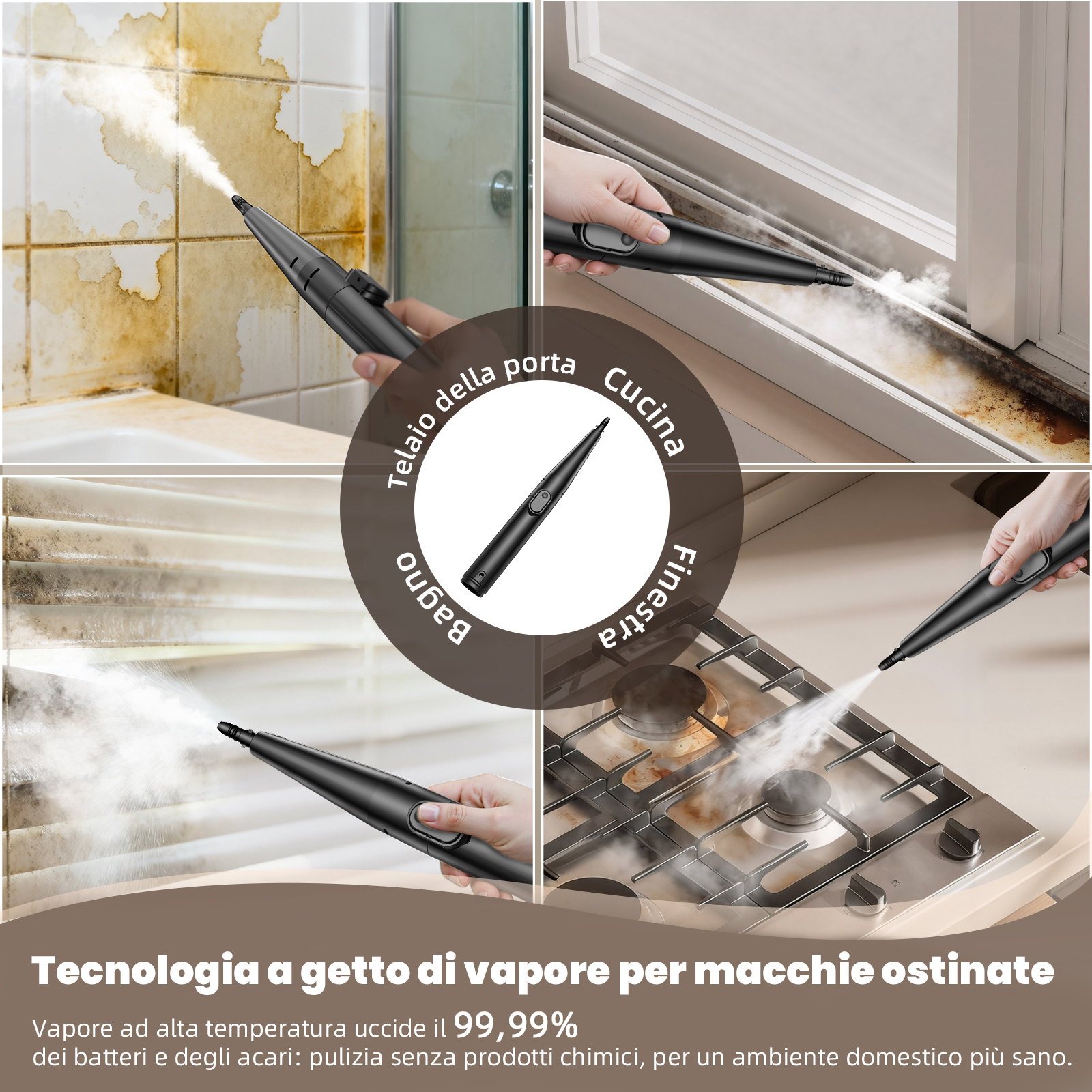 Idropulitrice a vapore pulisce piastrelle bagno, infissi, persiane e piano cottura.