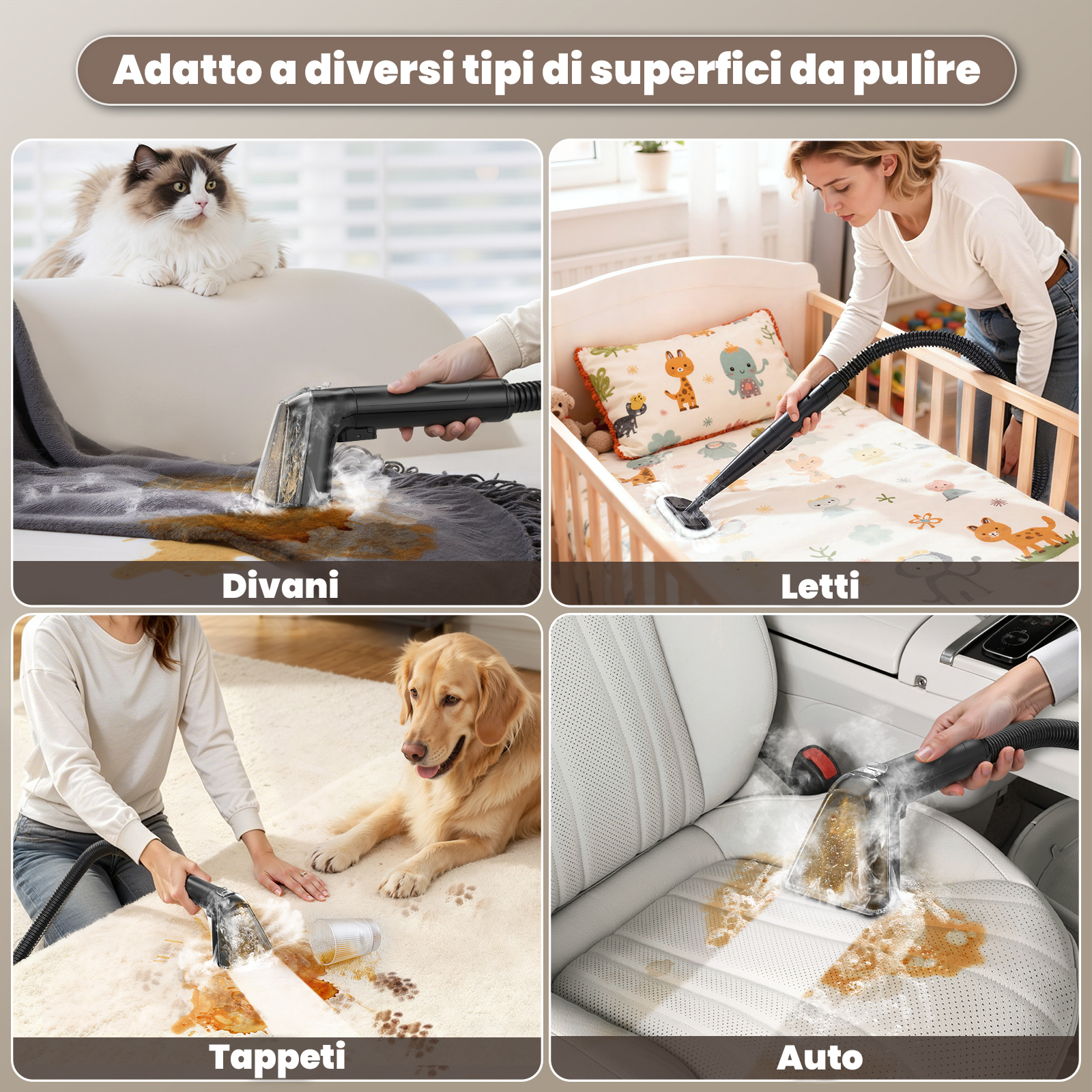 Pulizia divani, letti, tappeti e sedili auto con pulitore a vapore.