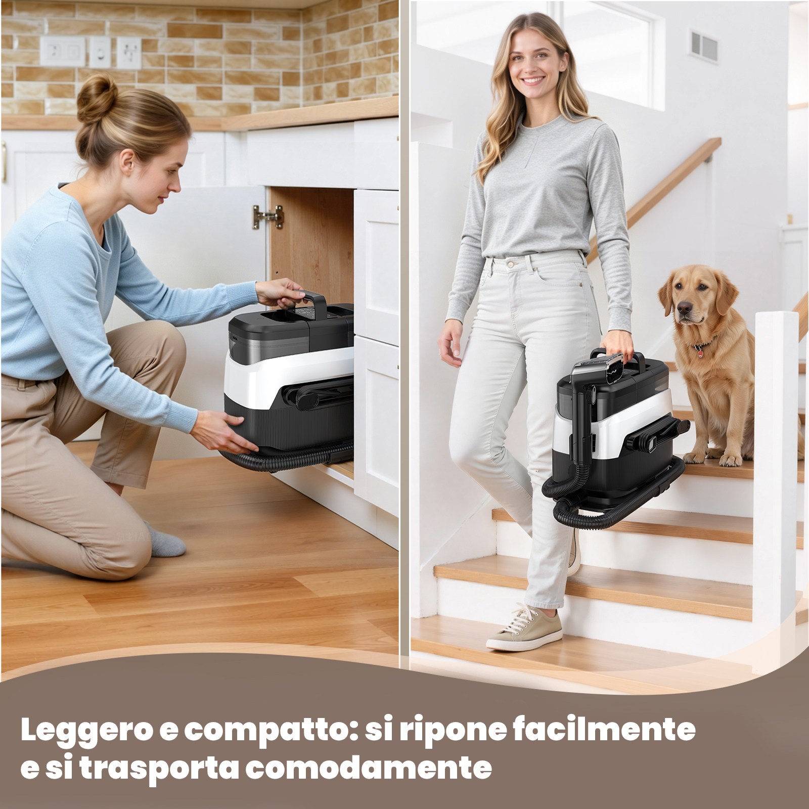 Donna ripone aspirapolvere in mobile; altra lo porta giù per scale con cane.