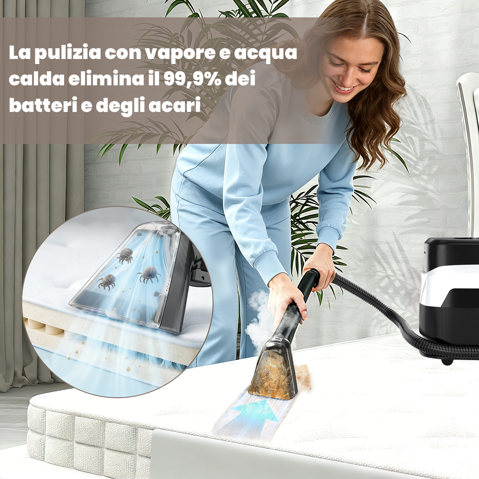 Donna pulisce materasso con pulitore a vapore, mostra acari rimossi.