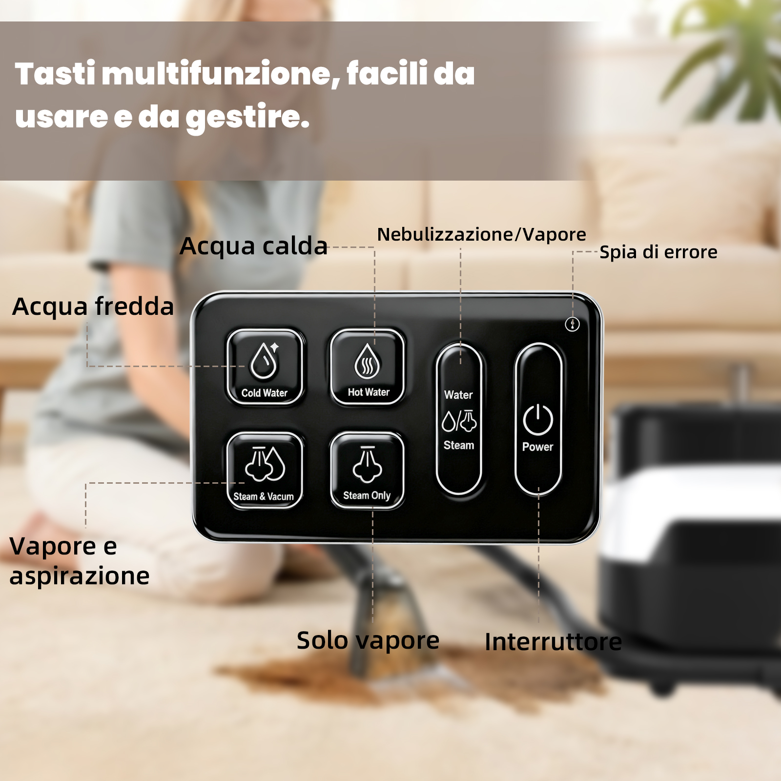 Pannello di controllo di un pulitore a vapore con opzioni acqua fredda/calda, vapore e alimentazione.