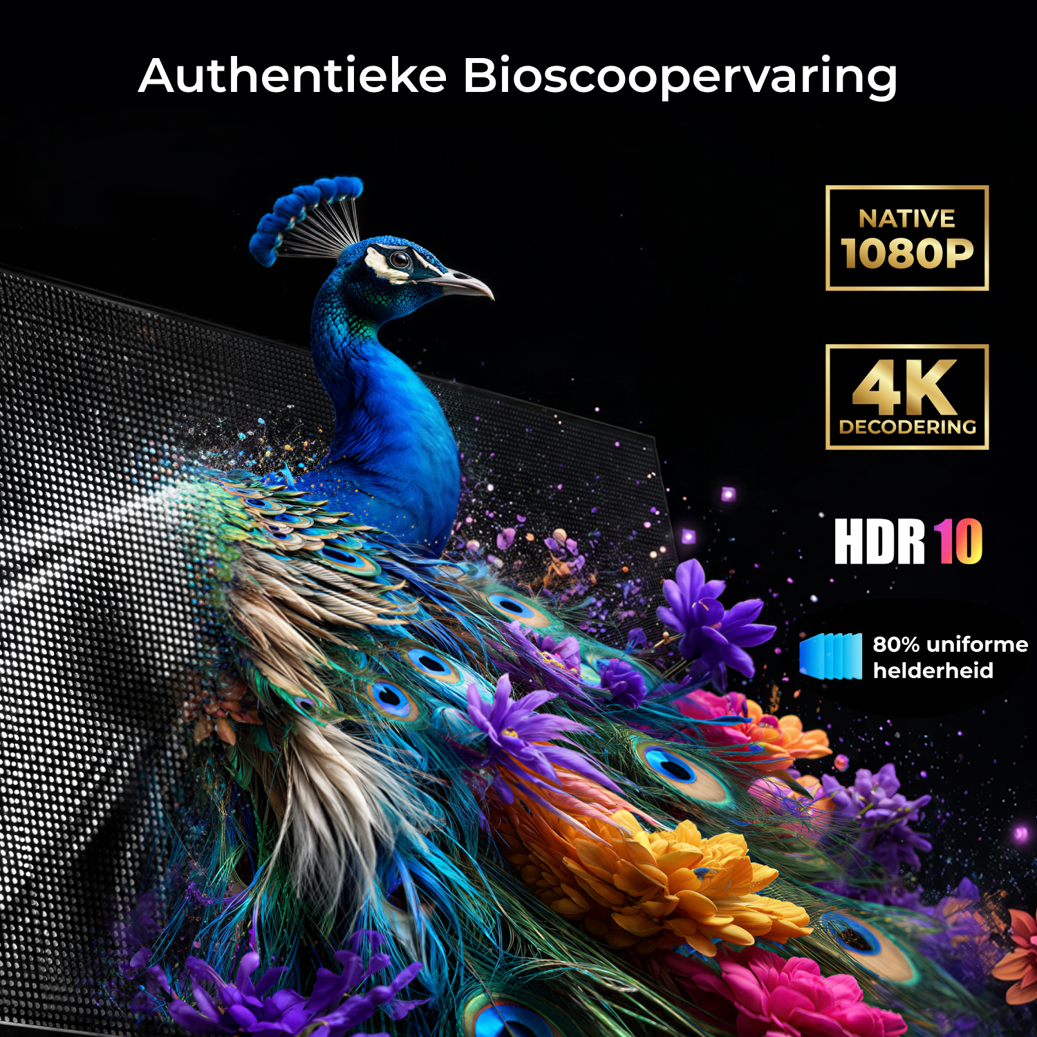 Een pauw met kleurrijke veren tegen een donkere, getextureerde achtergrond met bloemen.