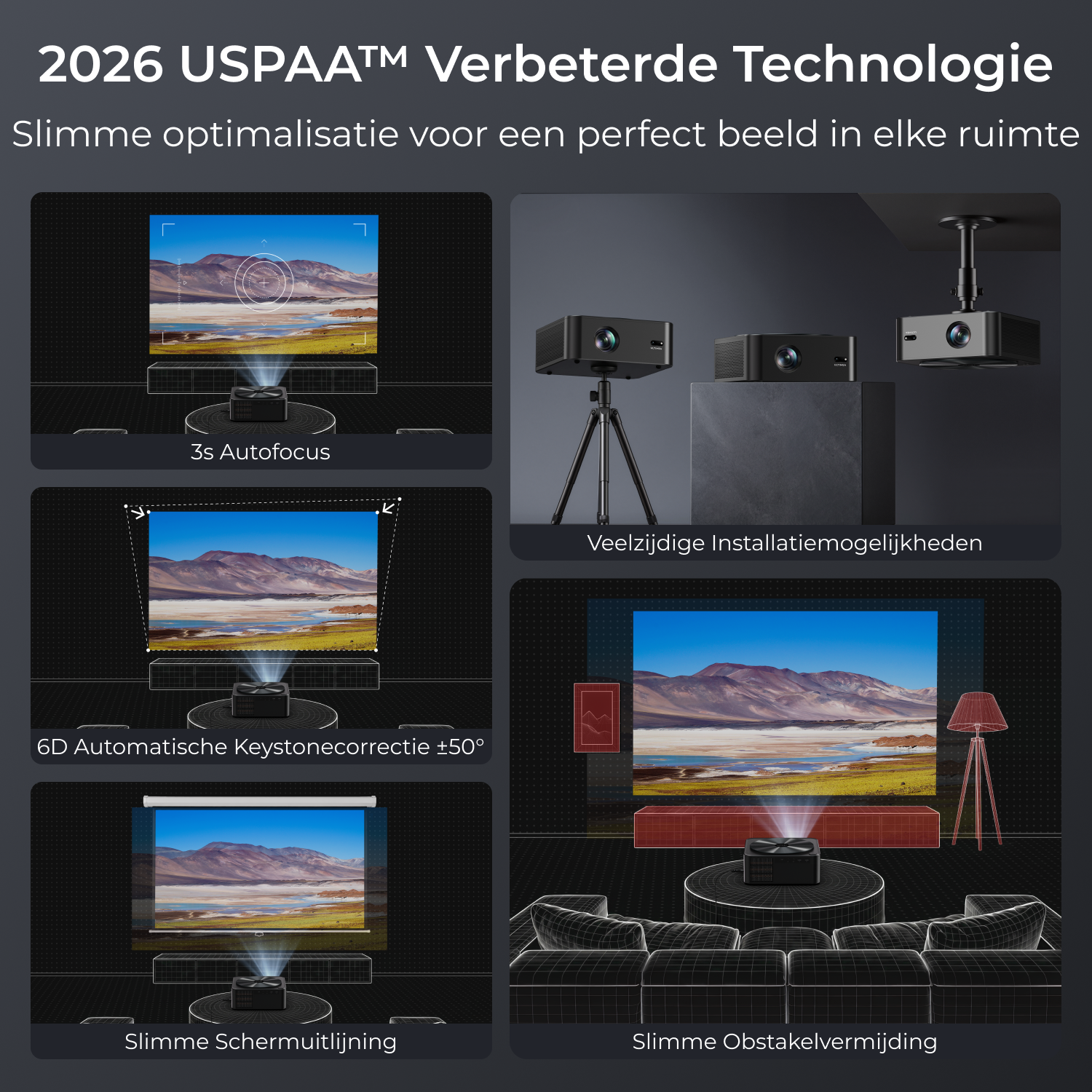 Projector met autofocus, keystone correctie, flexibele installatie en obstakelvermijding.