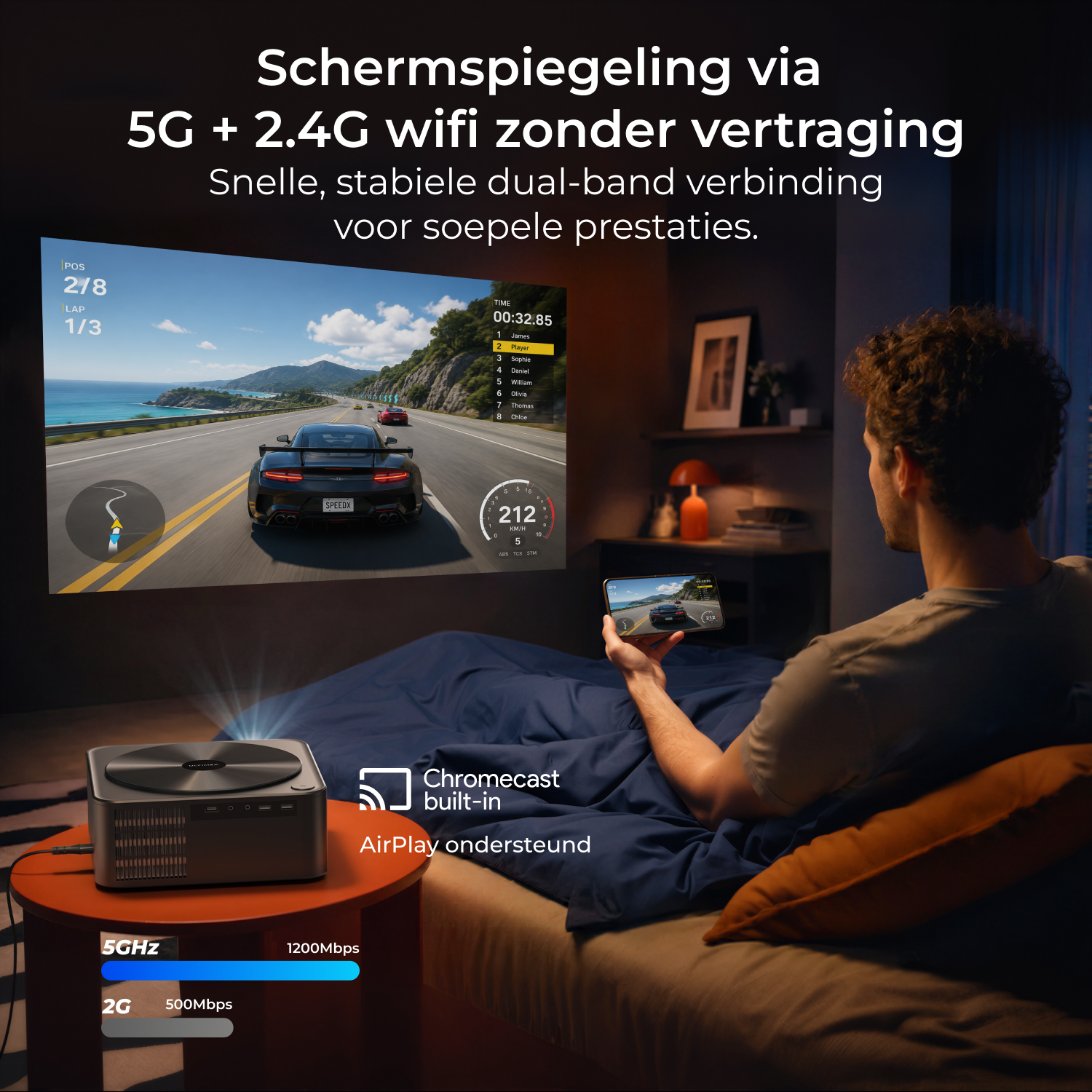 Een man ligt in bed te kijken naar een racegame op een scherm, geprojecteerd door een projector.