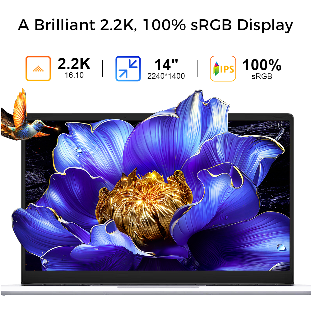Una pantalla de portátil con resolución 2,2K, 14 pulgadas, 16:10 y IPS.