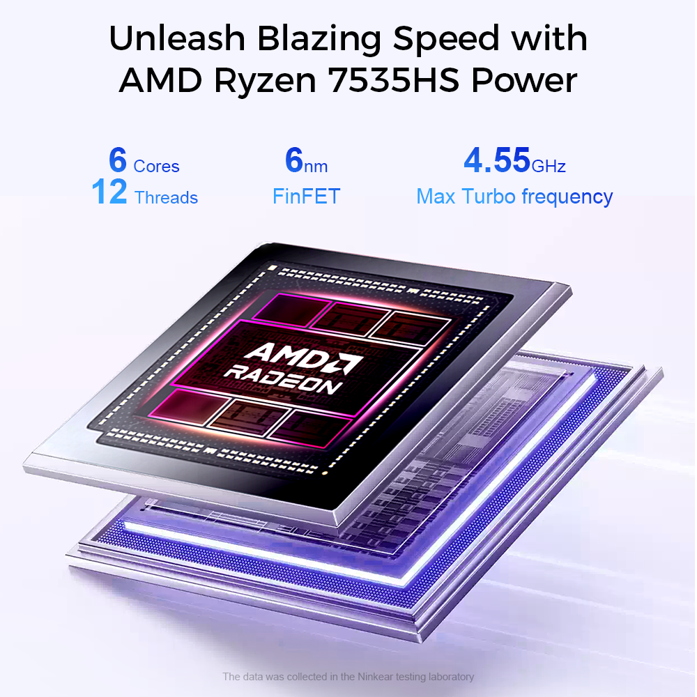 Procesador AMD Ryzen 7535HS con 6 núcleos, 12 hilos, 6nm FinFET, 4.55GHz.