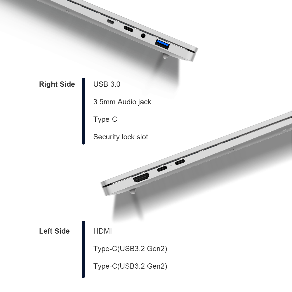 Lado derecho del portátil: USB 3.0, jack audio, Tipo-C, ranura seguridad. Lado izq: HDMI, 2x Tipo-C.