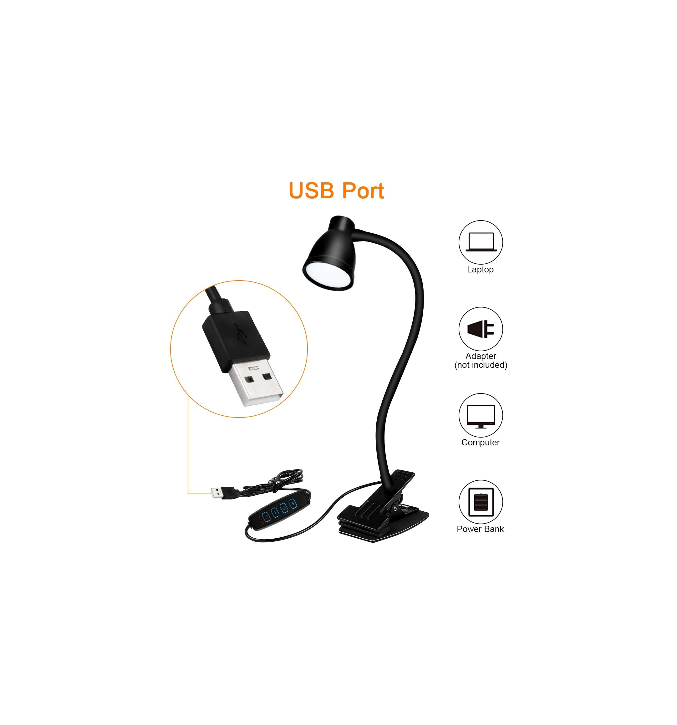 Eine schwarze USB-Klemmleuchte mit flexiblem Hals und Schalter.