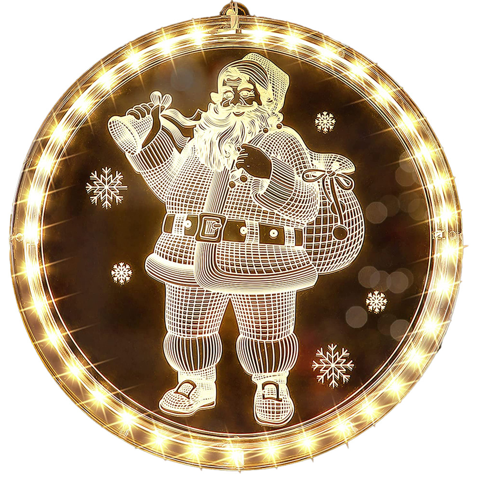 Ein beleuchtetes Weihnachtsmann-Fensterbild mit Schneeflocken und Glocke.