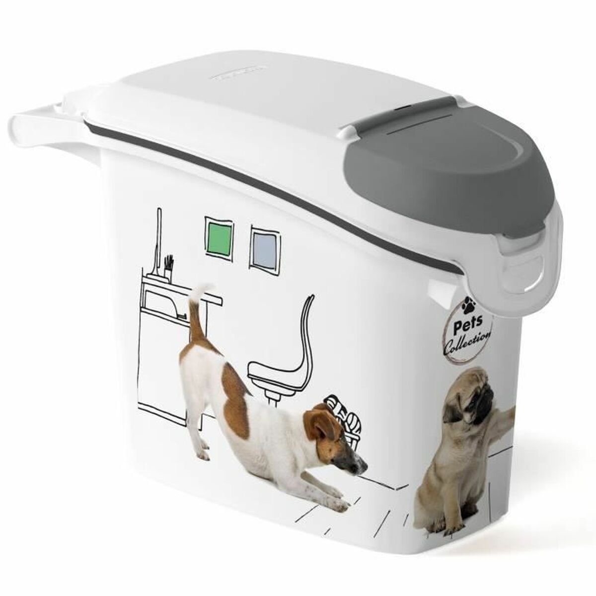 Un contenitore bianco per cibo per animali con coperchio grigio, con grafica di cani.