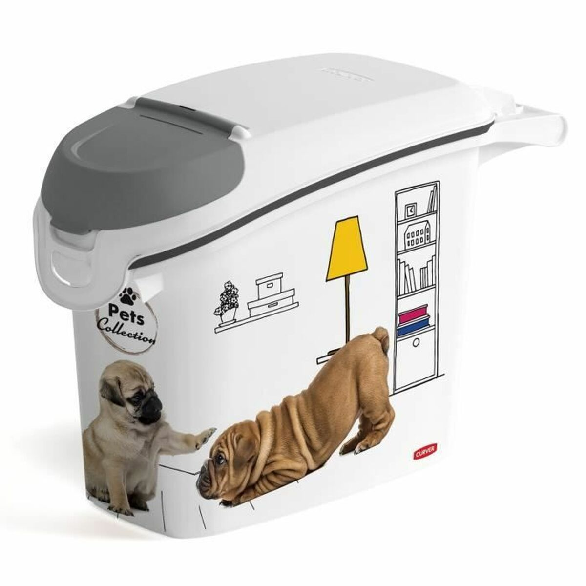 Contenitore bianco con illustrazioni di cani, cuccioli e libreria.
