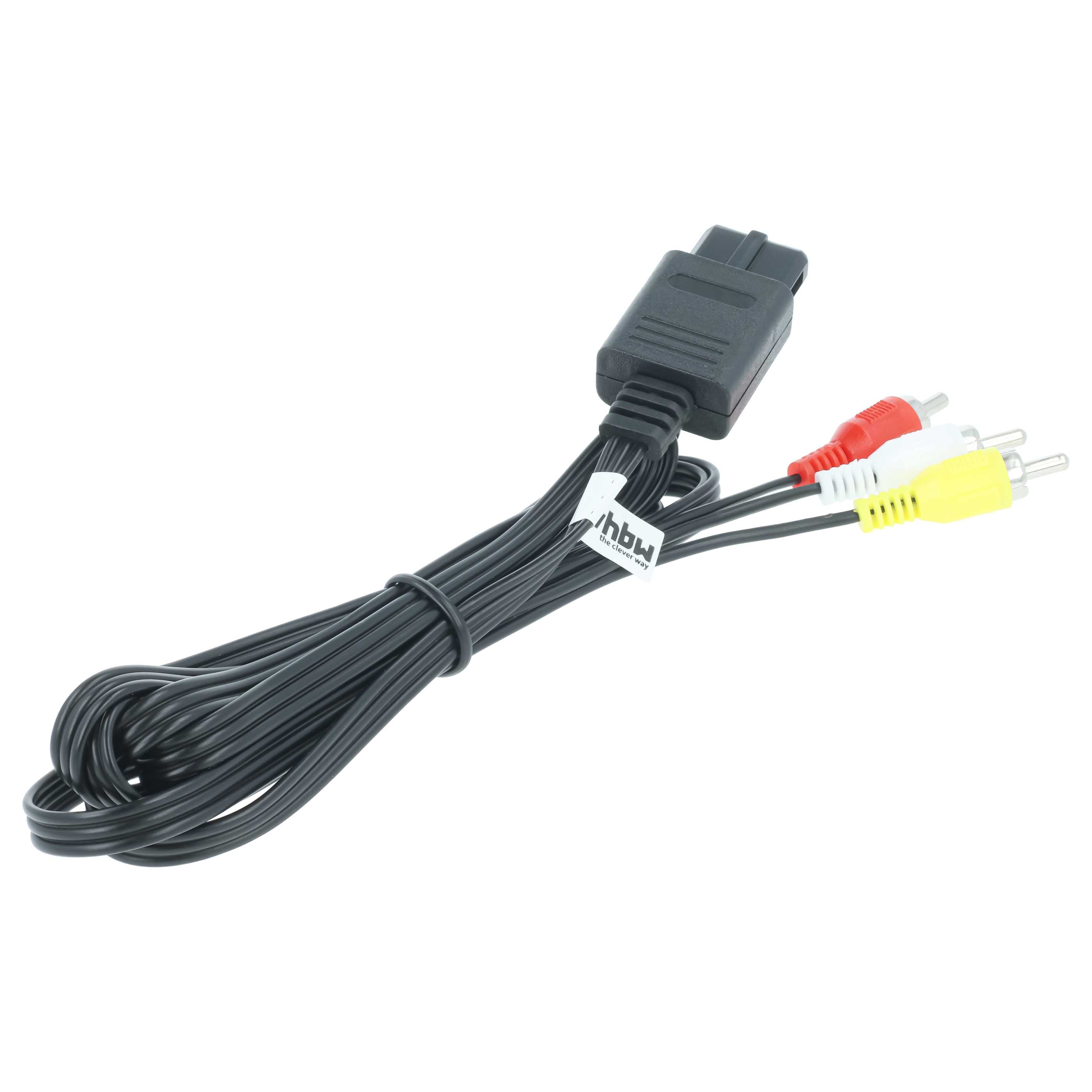 Schwarzes Kabel mit AV-Anschlüssen: Rot, Weiß und Gelb.