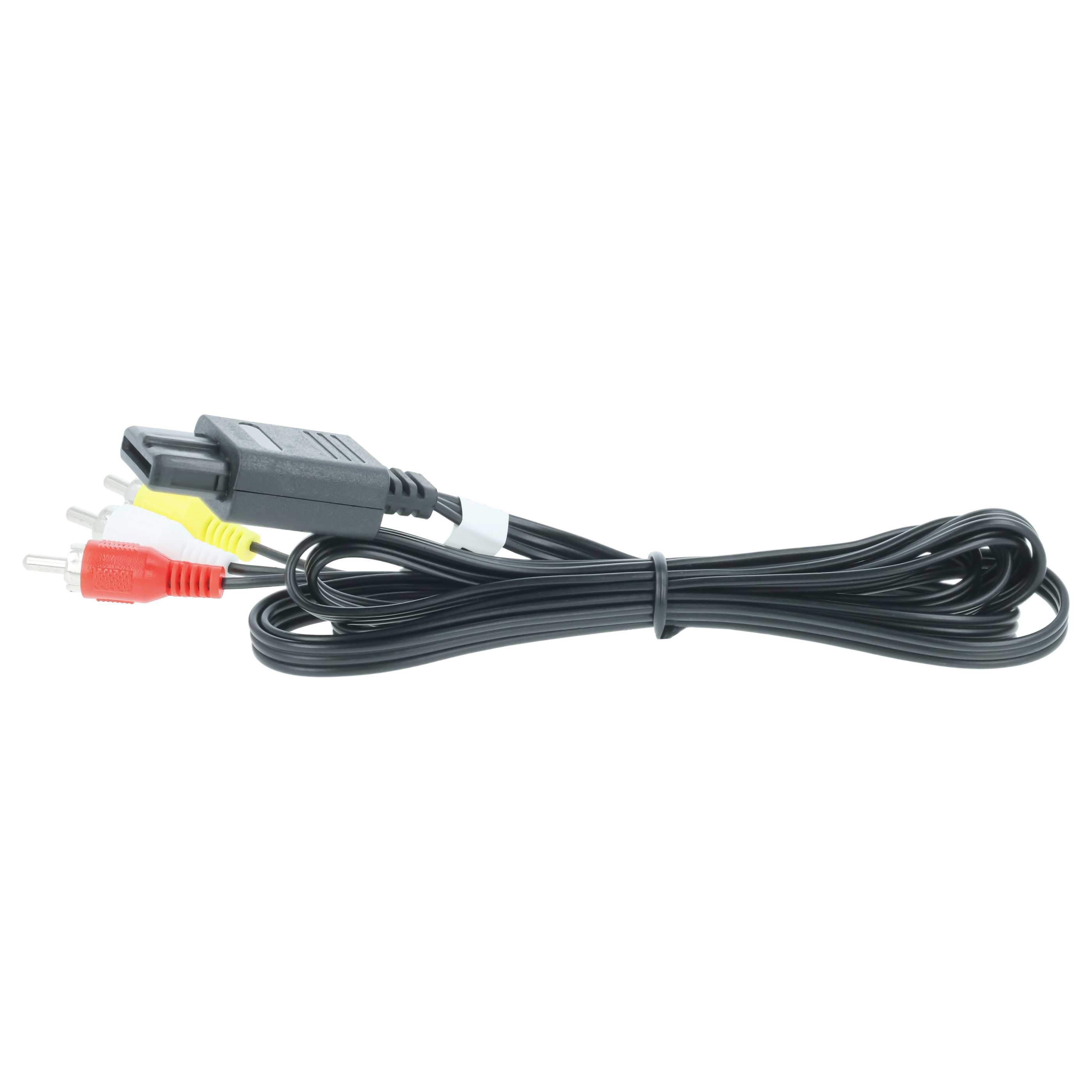 Schwarzes Kabel mit RCA-Anschlüssen (Rot, Weiß, Gelb) und einem grauen Stecker.
