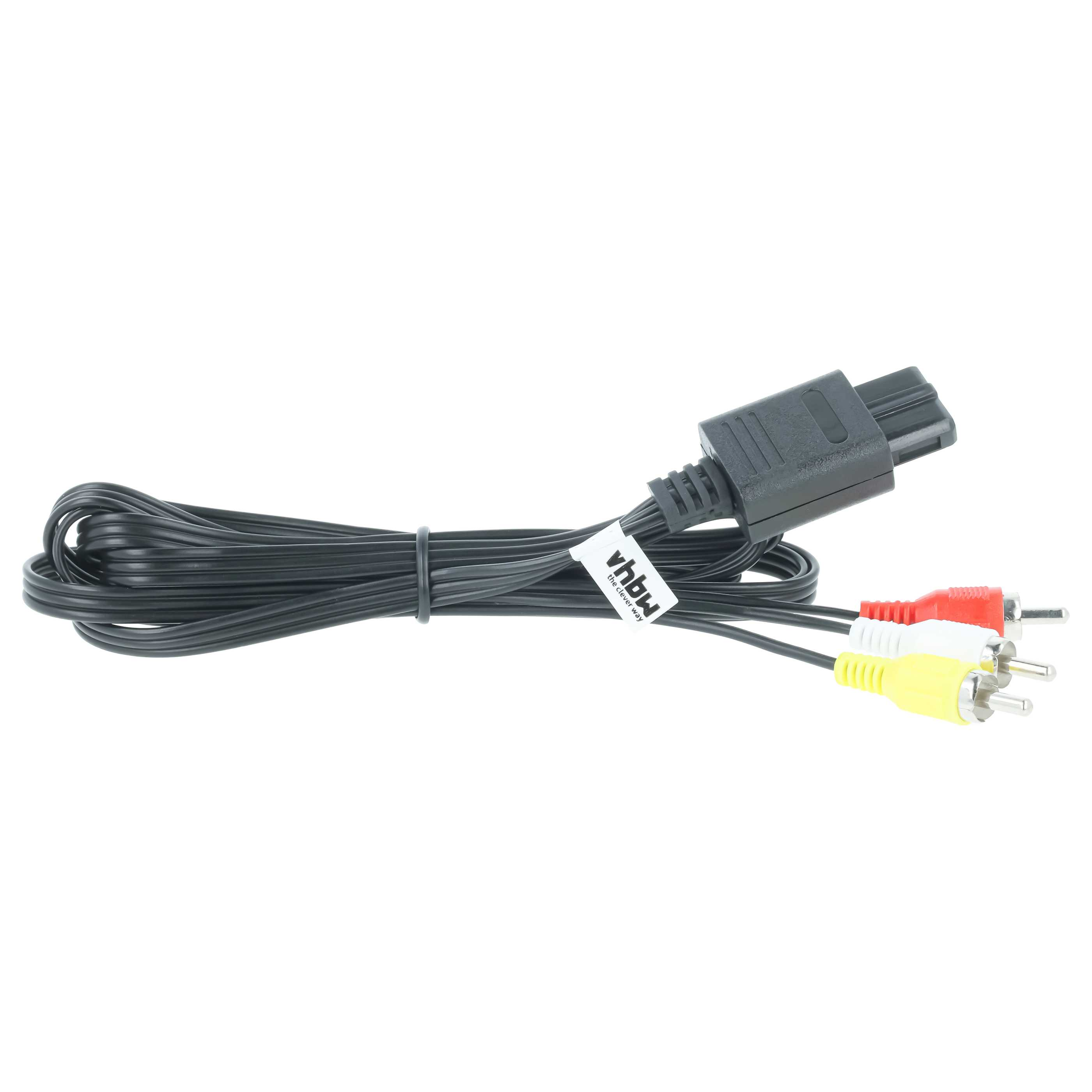 Schwarzes Kabel mit RCA-Anschlüssen (rot, weiß, gelb) und einem schwarzen Stecker.