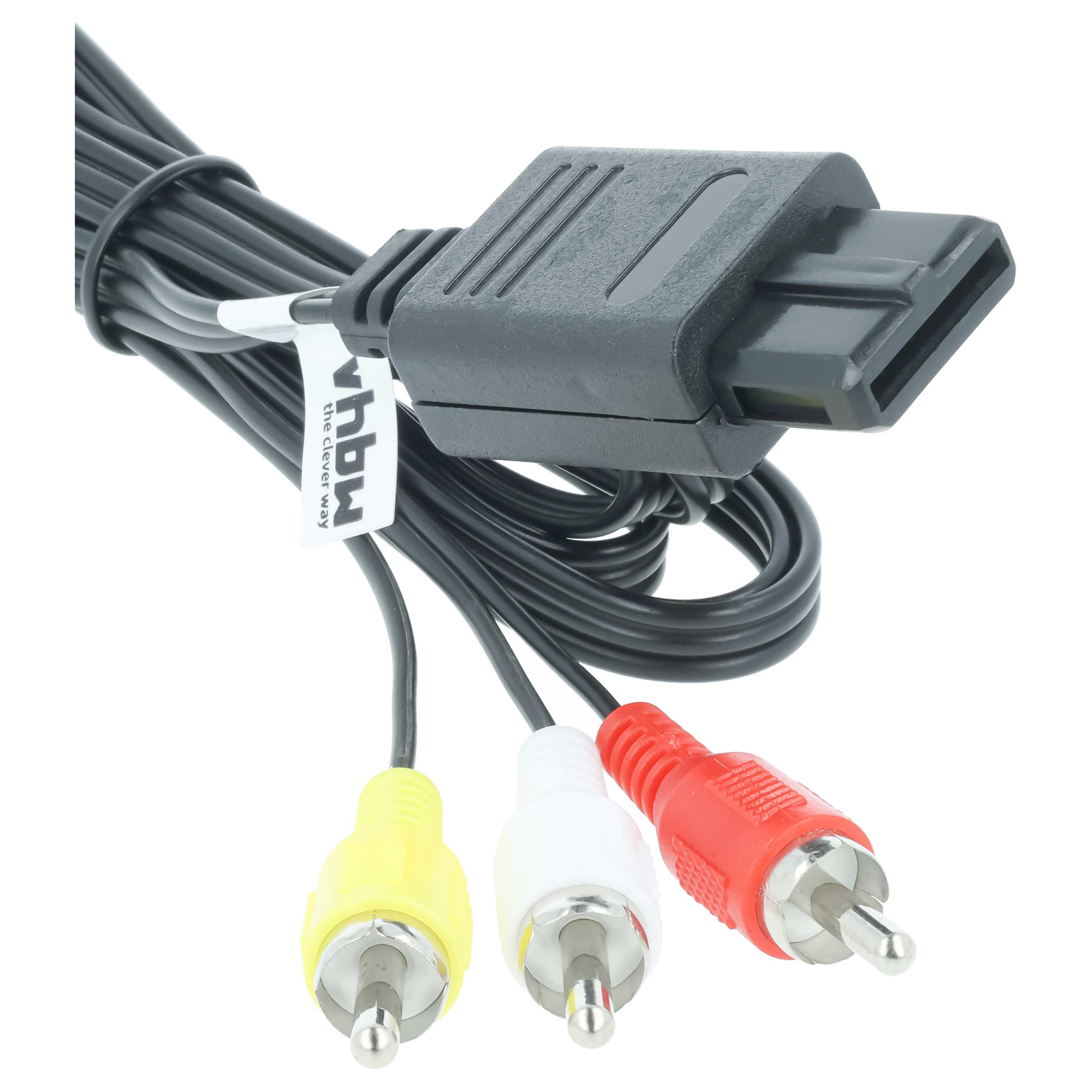 Schwarzes Kabel mit drei Cinch-Steckern: gelb, weiß und rot. Ein schwarzer Stecker ist am Ende.