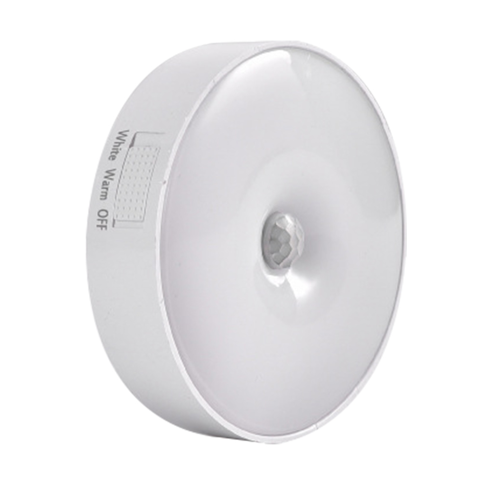 Weiße runde Lampe mit Bewegungsmelder und Schalter (White, Warm, Off).