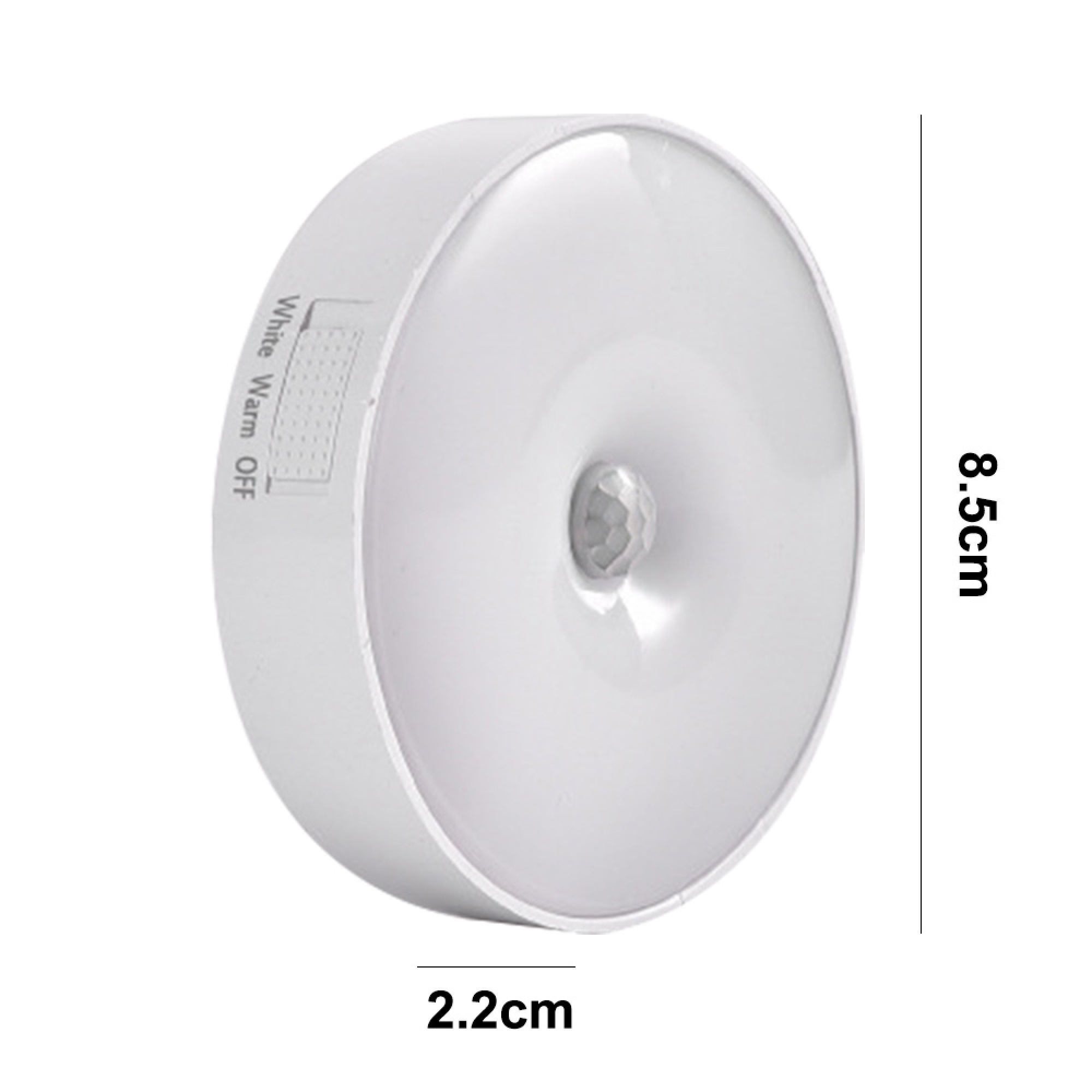 Runde weiße Lampe mit Bewegungssensor und Schalter. Maße: 8,5 x 2,2 cm.