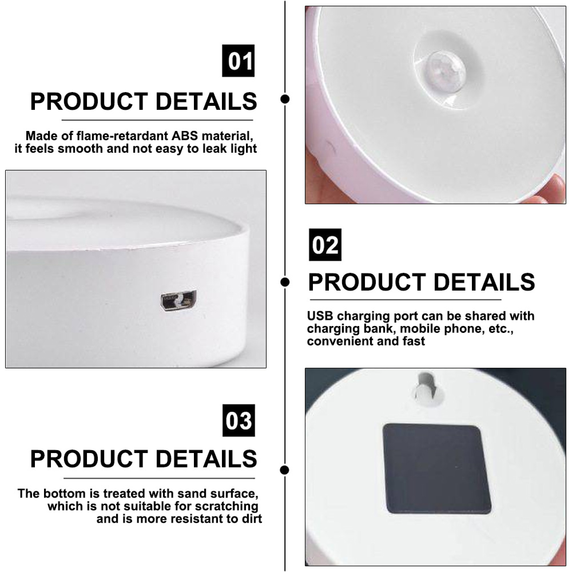 Collage von Produktdetails: ABS-Material, USB-Anschluss und sandbeschichtetem Boden.