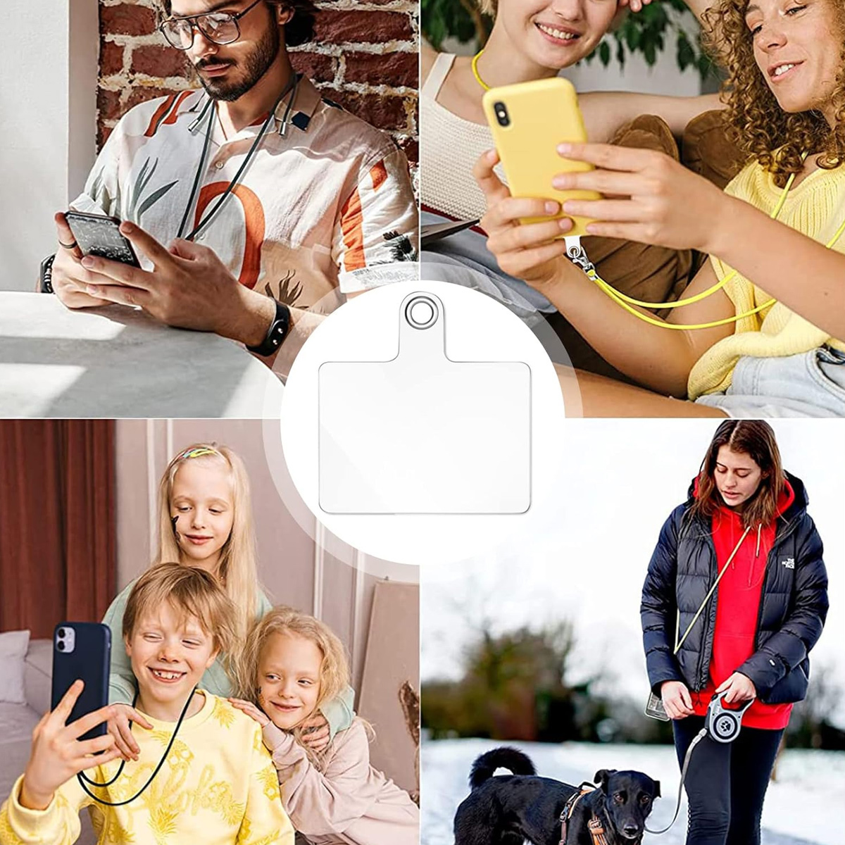 Collage: Mann am Handy, Freunde am Handy, Kinder machen Selfie, Frau mit Hund.